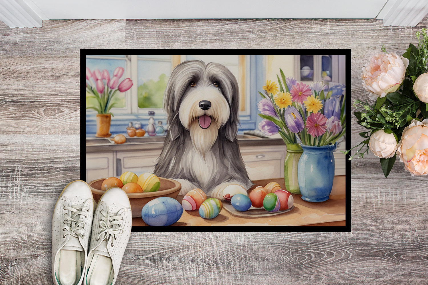 Decorating Easter Bearded Collie Doormat Indoor Outdoor 24H X 36W Front Door Mat Rugs for Entryway, Non Slip Washable Low Pile,