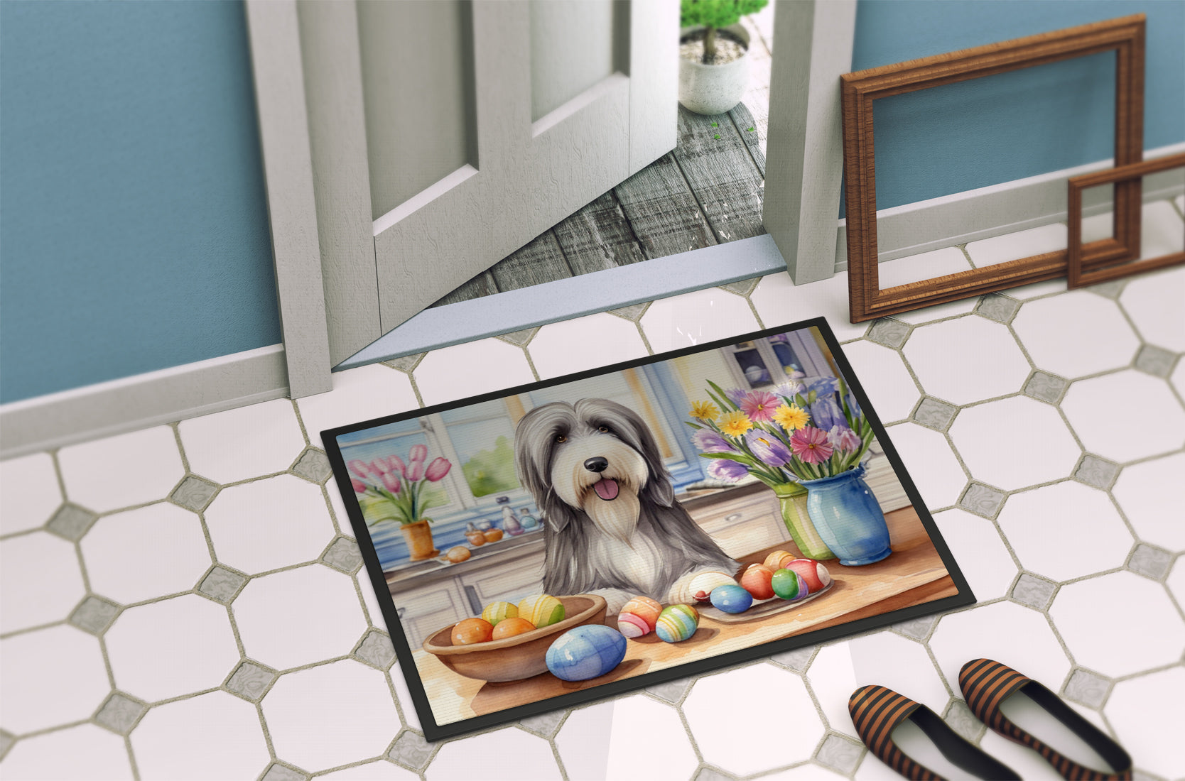 Decorating Easter Bearded Collie Doormat Indoor Outdoor 18H X 27W Front Door Mat Rugs for Entryway, Non Slip Washable