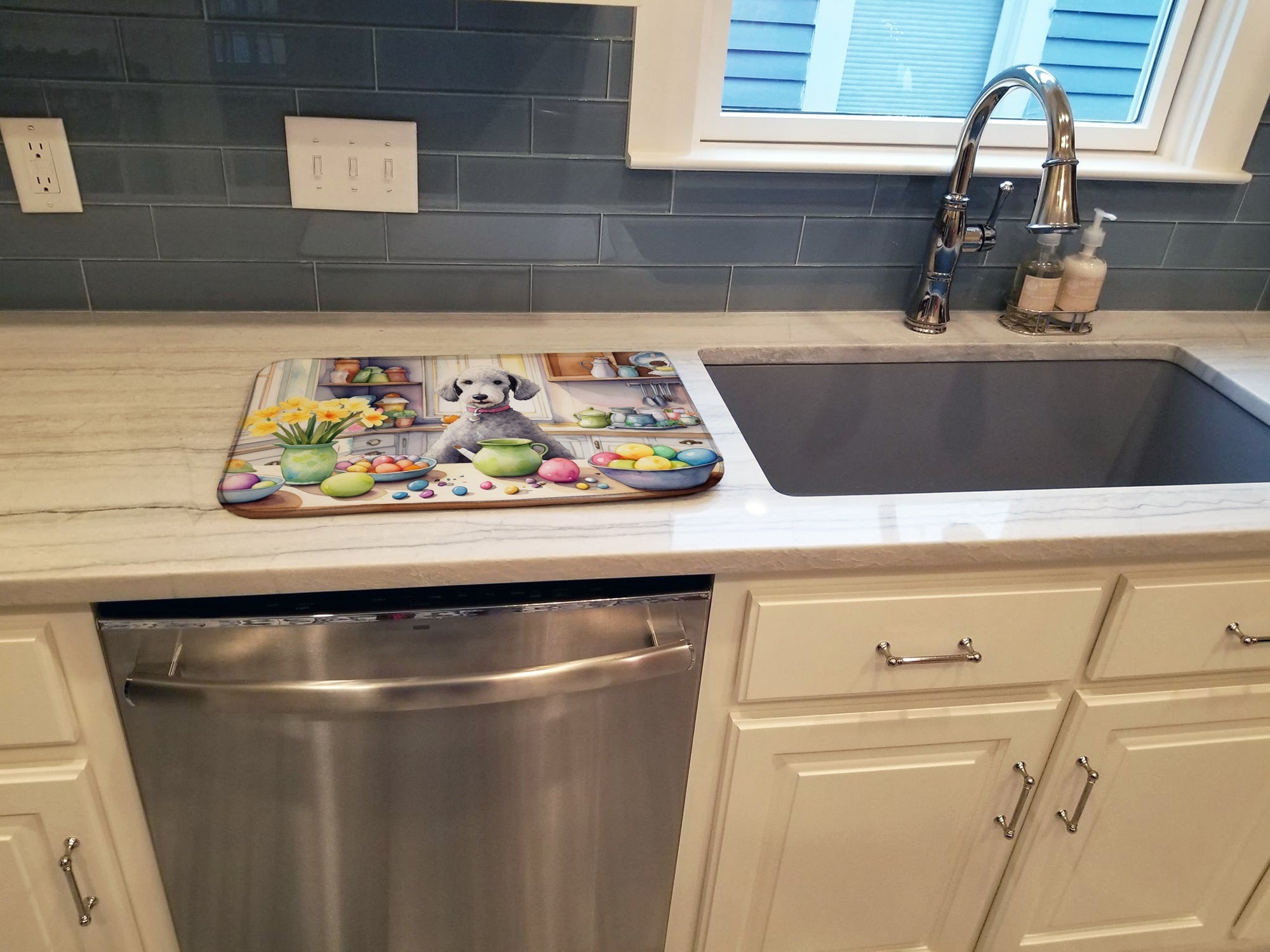 Decorating Easter Bedlington Terrier Dish Drying Mat Absorbent Dish Drying Mat Pad for Kitchen Counter Dish Drainer Mat for Countertop, 14 x 21", Multicolor