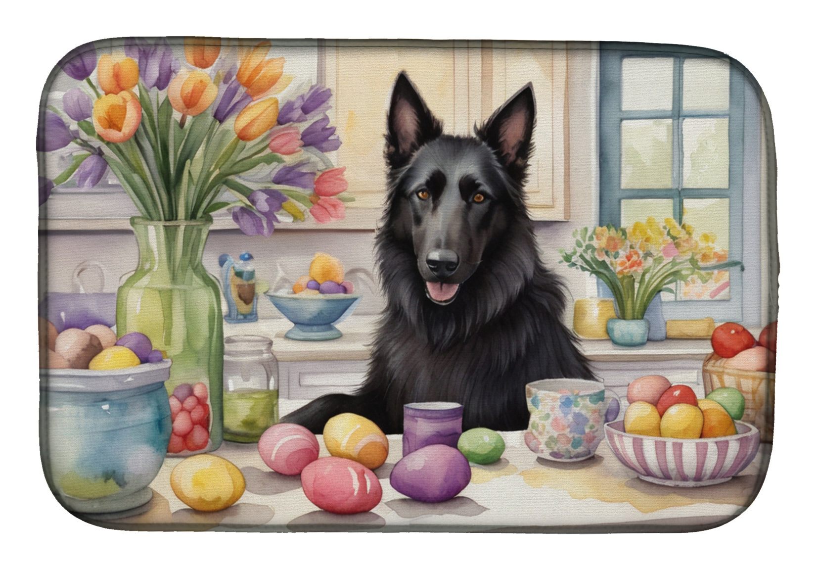 Decorating Easter Belgian Sheepdog Dish Drying Mat Absorbent Dish Drying Mat Pad for Kitchen Counter Dish Drainer Mat for Countertop, 14 x 21", Multicolor