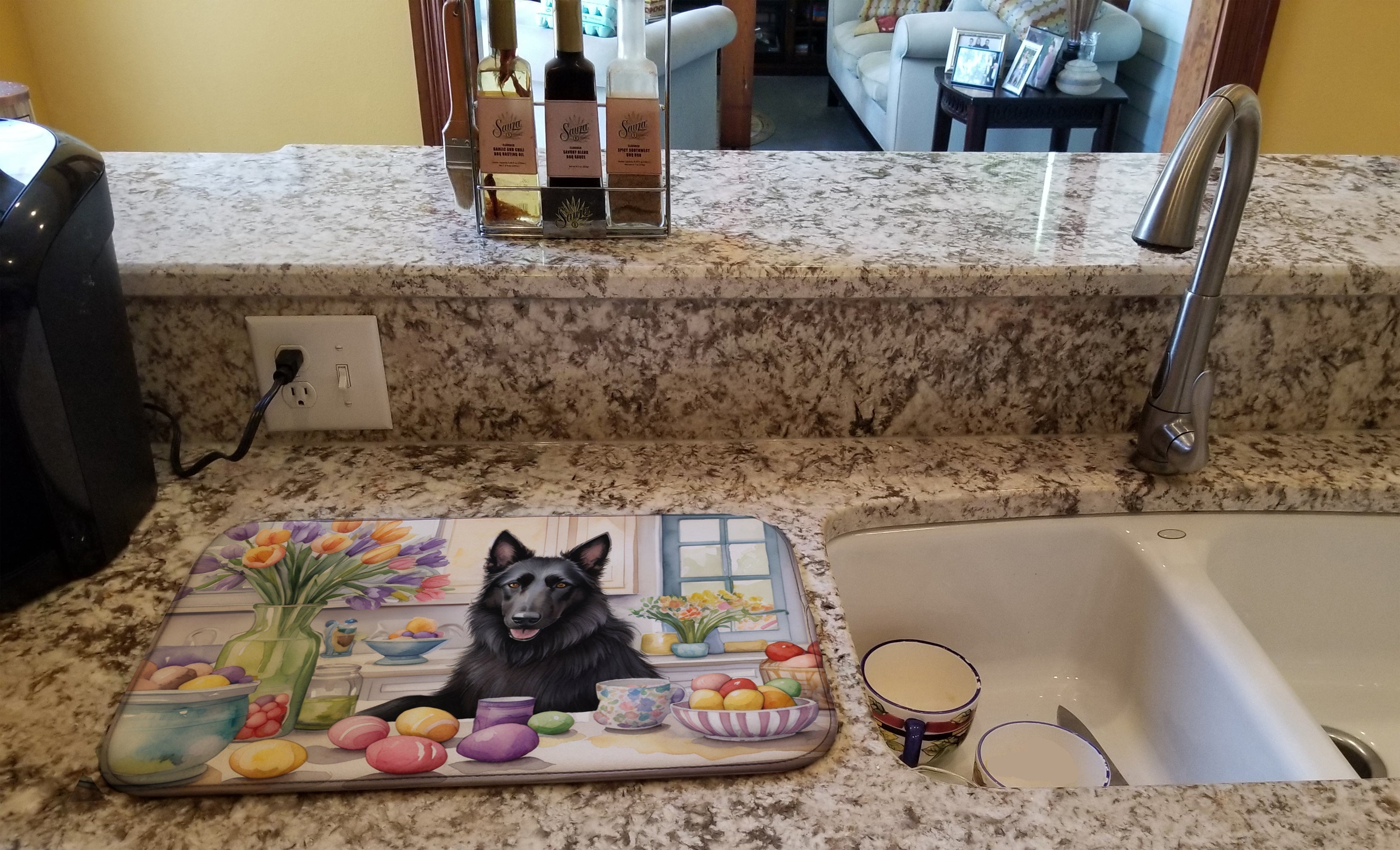 Decorating Easter Belgian Sheepdog Dish Drying Mat Absorbent Dish Drying Mat Pad for Kitchen Counter Dish Drainer Mat for Countertop, 14 x 21", Multicolor