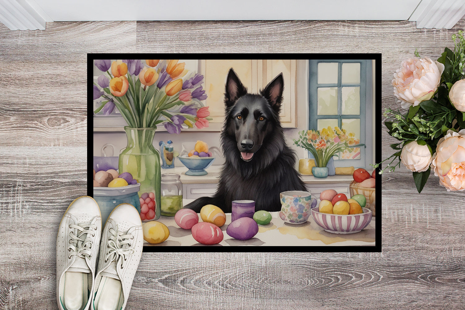 Decorating Easter Belgian Sheepdog Doormat Indoor Outdoor 24H X 36W Front Door Mat Rugs for Entryway, Non Slip Washable Low Pile,