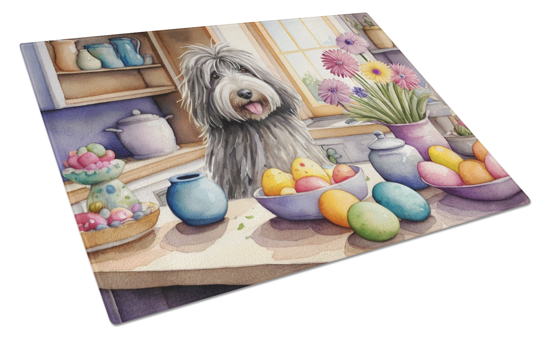 Decorating Easter Bergamasco Sheepdog Cutting Board Tempered Glass Kitchen Cutting Surface, Heat Resistant Chopping, Non-Slip Feet, Food Prep & Serving