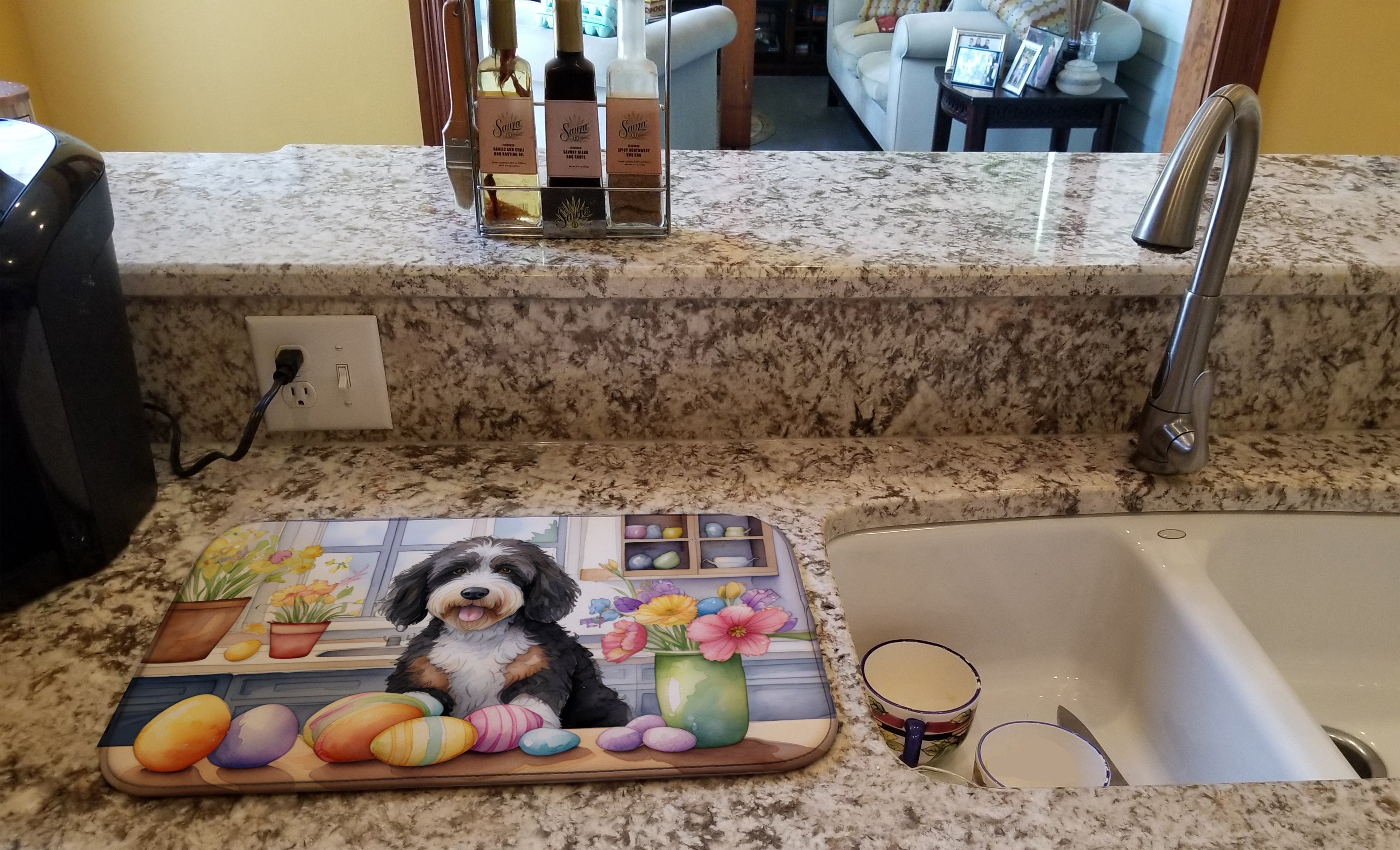 Decorating Easter Bernedoodle Dish Drying Mat Absorbent Dish Drying Mat Pad for Kitchen Counter Dish Drainer Mat for Countertop, 14 x 21", Multicolor