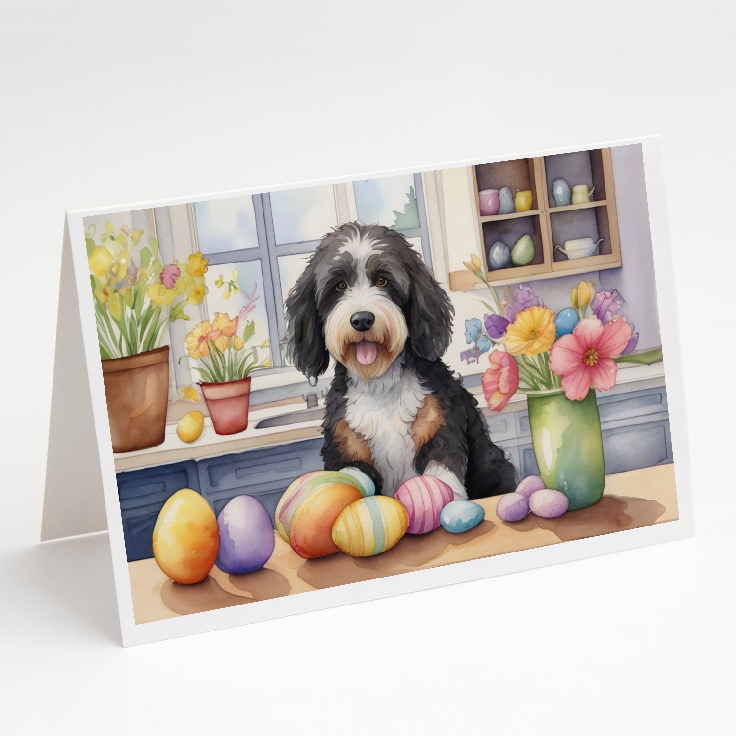 Decorating Easter Bernedoodle Greeting Cards Pack of 8 Blank Cards with Envelopes Whimsical A7 Size 5x7
