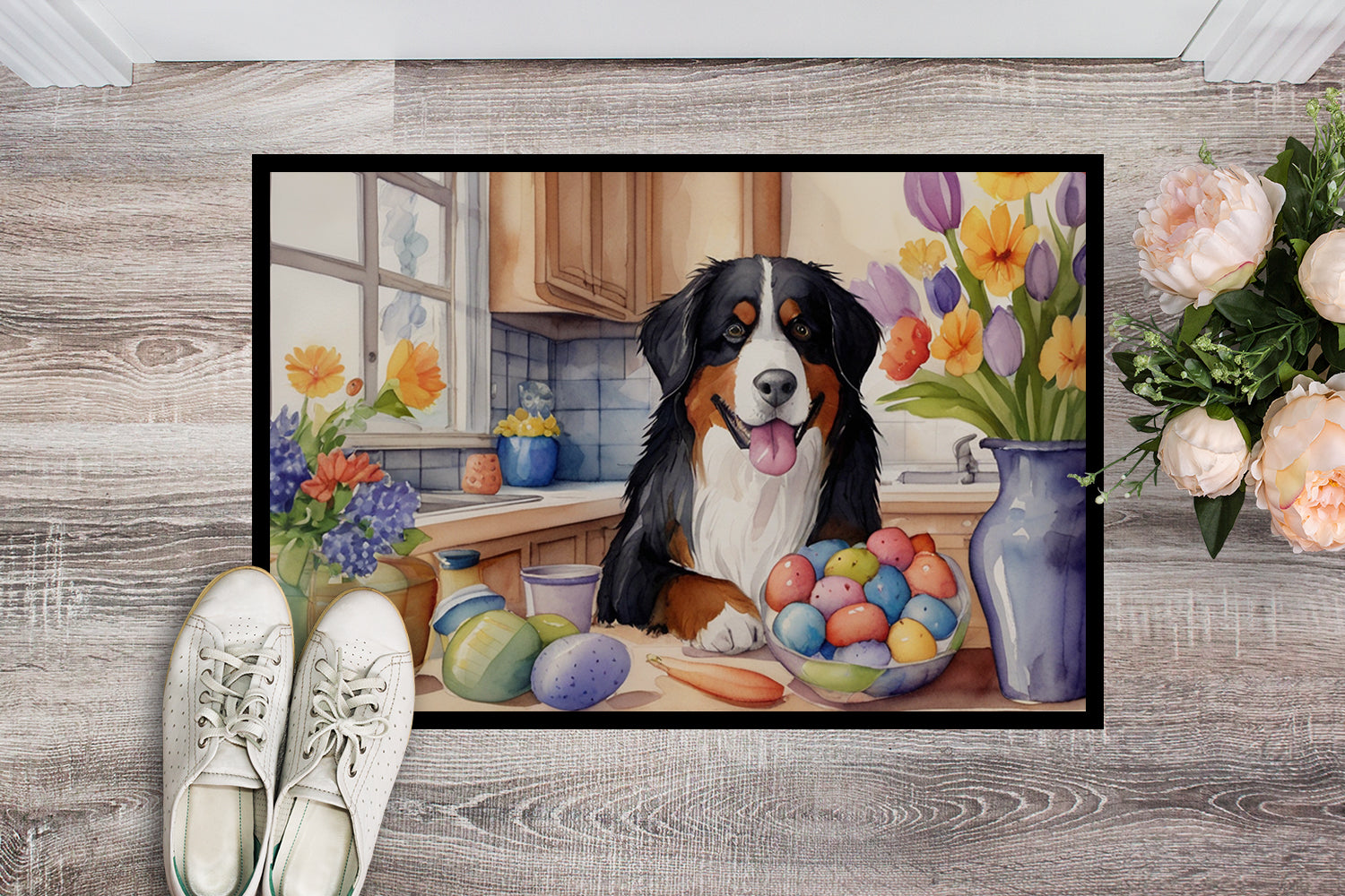 Decorating Easter Bernese Mountain Dog Doormat Indoor Outdoor 24H X 36W Front Door Mat Rugs for Entryway, Non Slip Washable Low Pile,