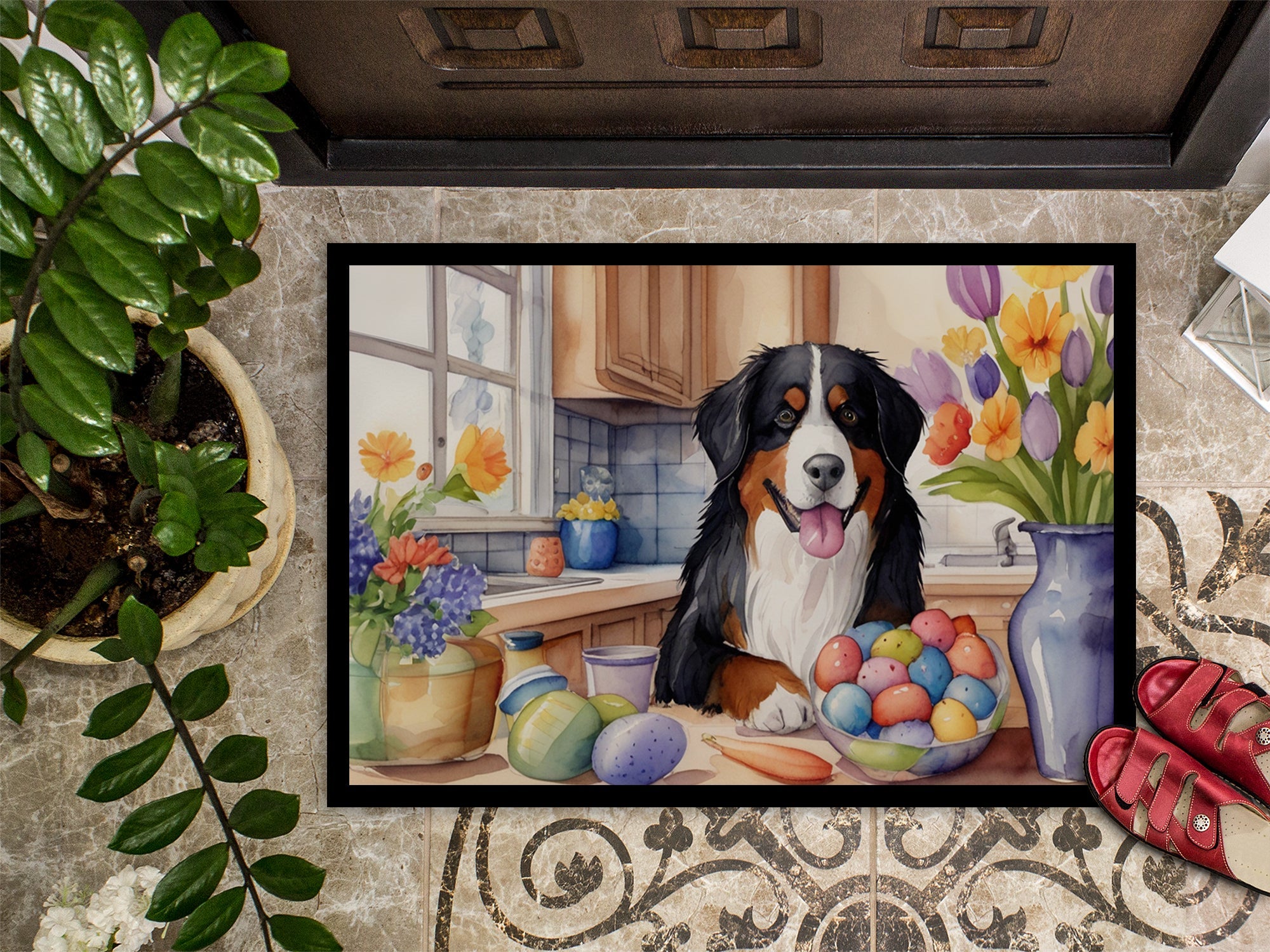 Decorating Easter Bernese Mountain Dog Doormat Indoor Outdoor 24H X 36W Front Door Mat Rugs for Entryway, Non Slip Washable Low Pile,