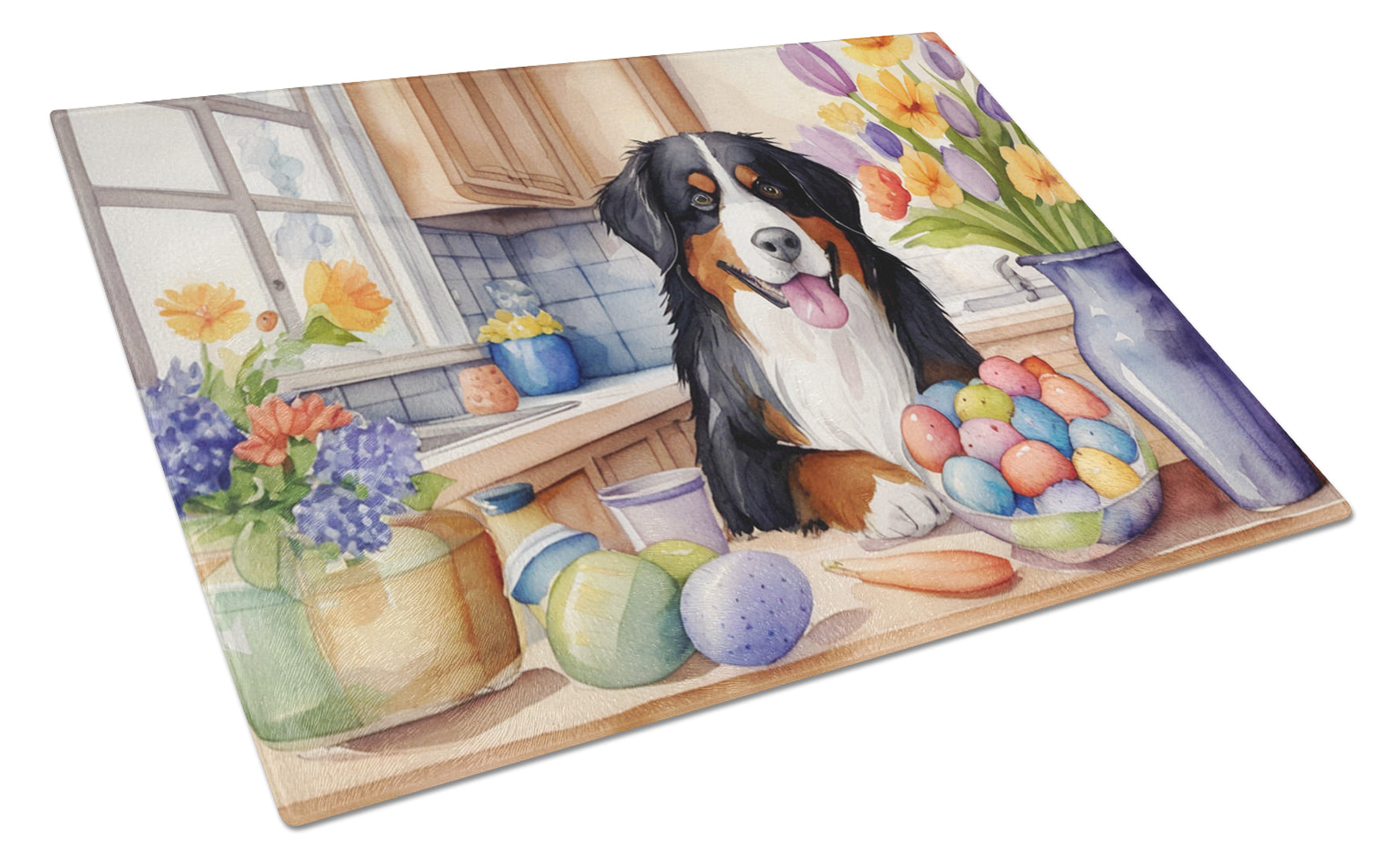 Decorating Easter Bernese Mountain Dog Cutting Board Tempered Glass Kitchen Cutting Surface, Heat Resistant Chopping, Non-Slip Feet, Food Prep & Serving