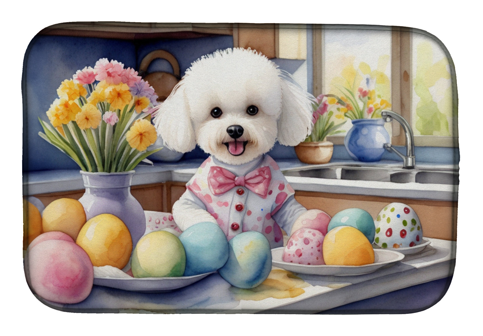 Decorating Easter Bichon Frise Dish Drying Mat Absorbent Dish Drying Mat Pad for Kitchen Counter Dish Drainer Mat for Countertop, 14 x 21", Multicolor