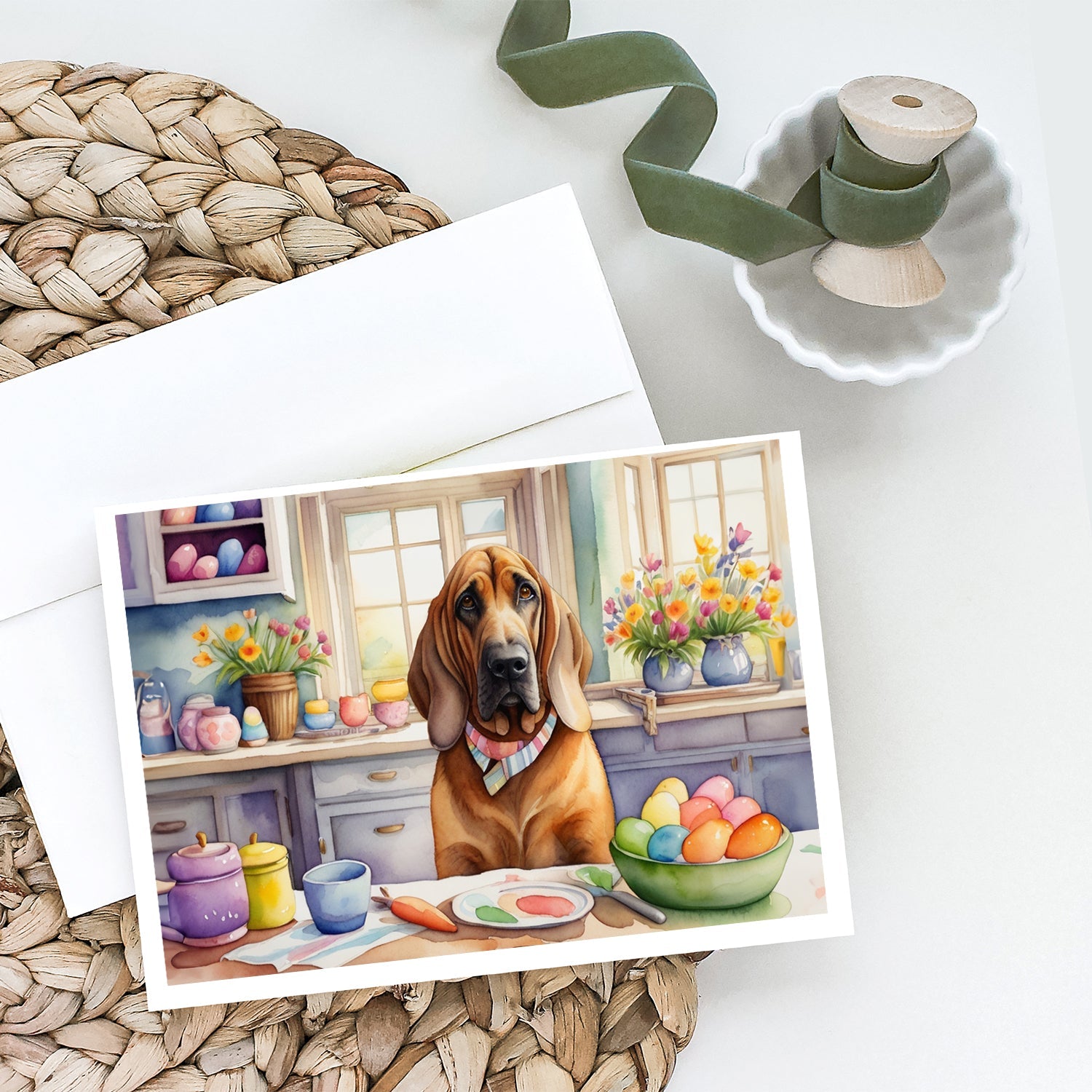 Decorating Easter Bloodhound Greeting Cards Pack of 8 Blank Cards with Envelopes Whimsical A7 Size 5x7
