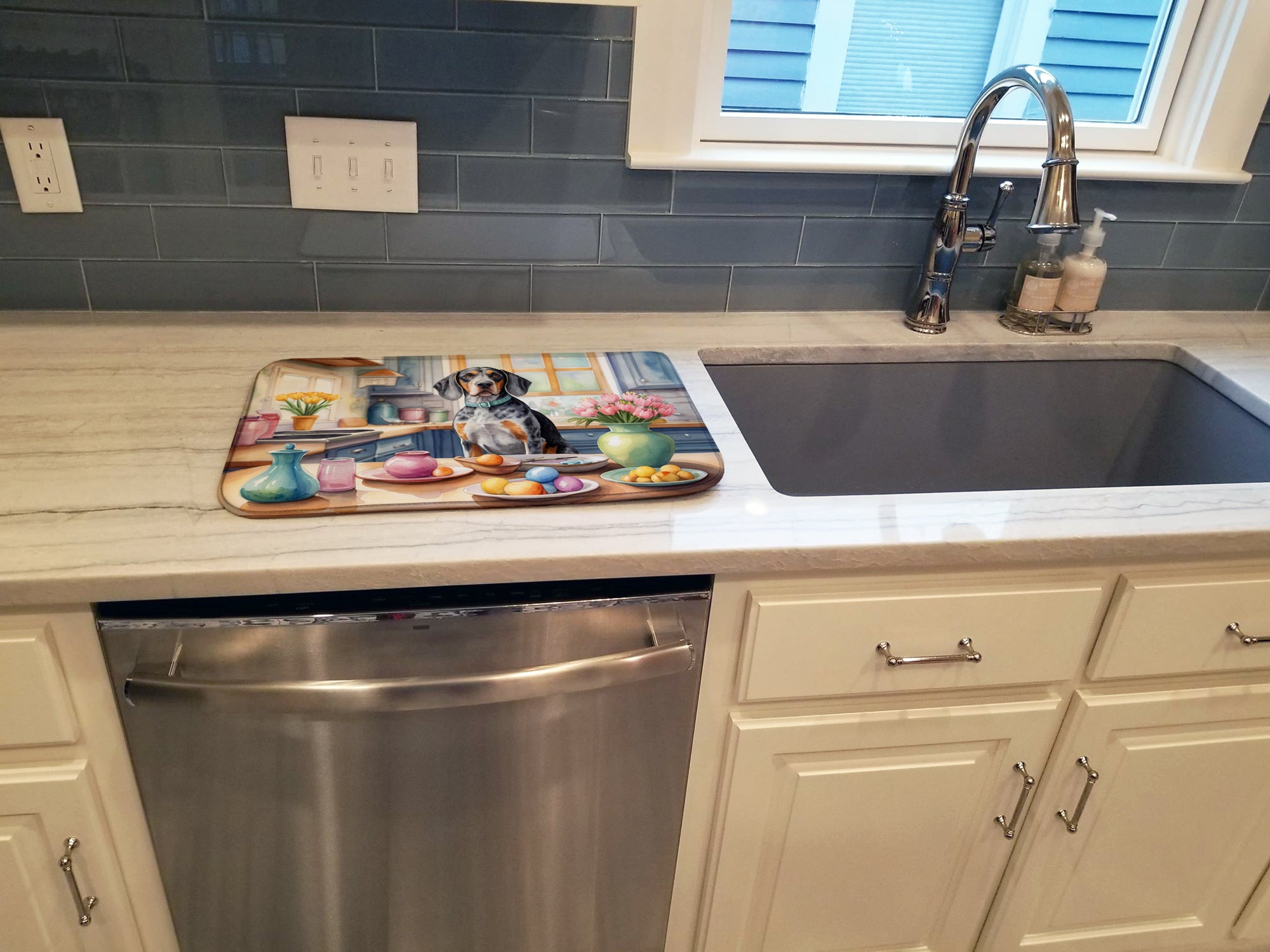 Decorating Easter Bluetick Coonhound Dish Drying Mat Absorbent Dish Drying Mat Pad for Kitchen Counter Dish Drainer Mat for Countertop, 14 x 21", Multicolor