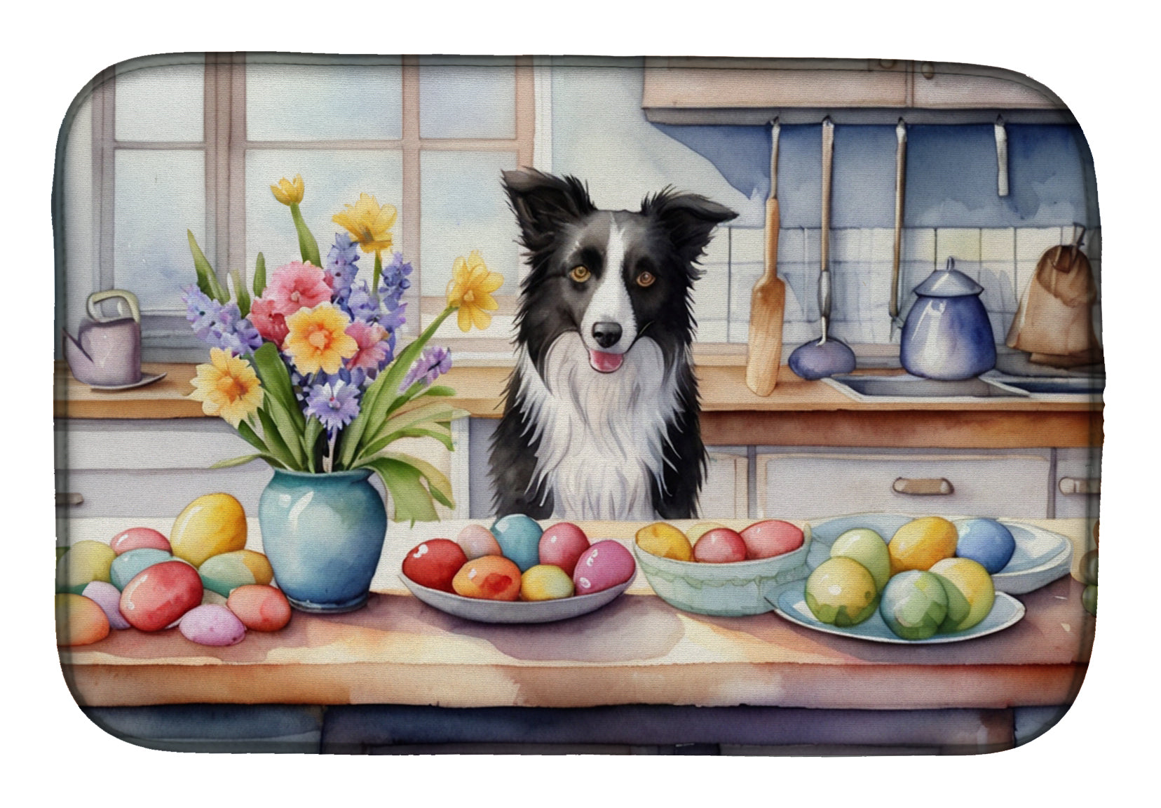Decorating Easter Border Collie Dish Drying Mat Absorbent Dish Drying Mat Pad for Kitchen Counter Dish Drainer Mat for Countertop, 14 x 21", Multicolor