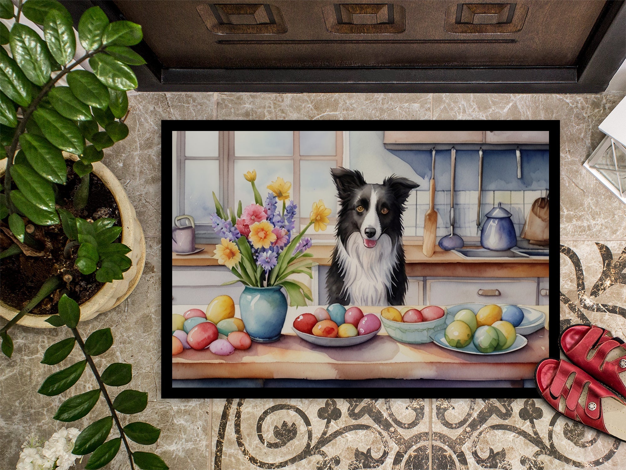 Decorating Easter Border Collie Doormat Indoor Outdoor 24H X 36W Front Door Mat Rugs for Entryway, Non Slip Washable Low Pile,