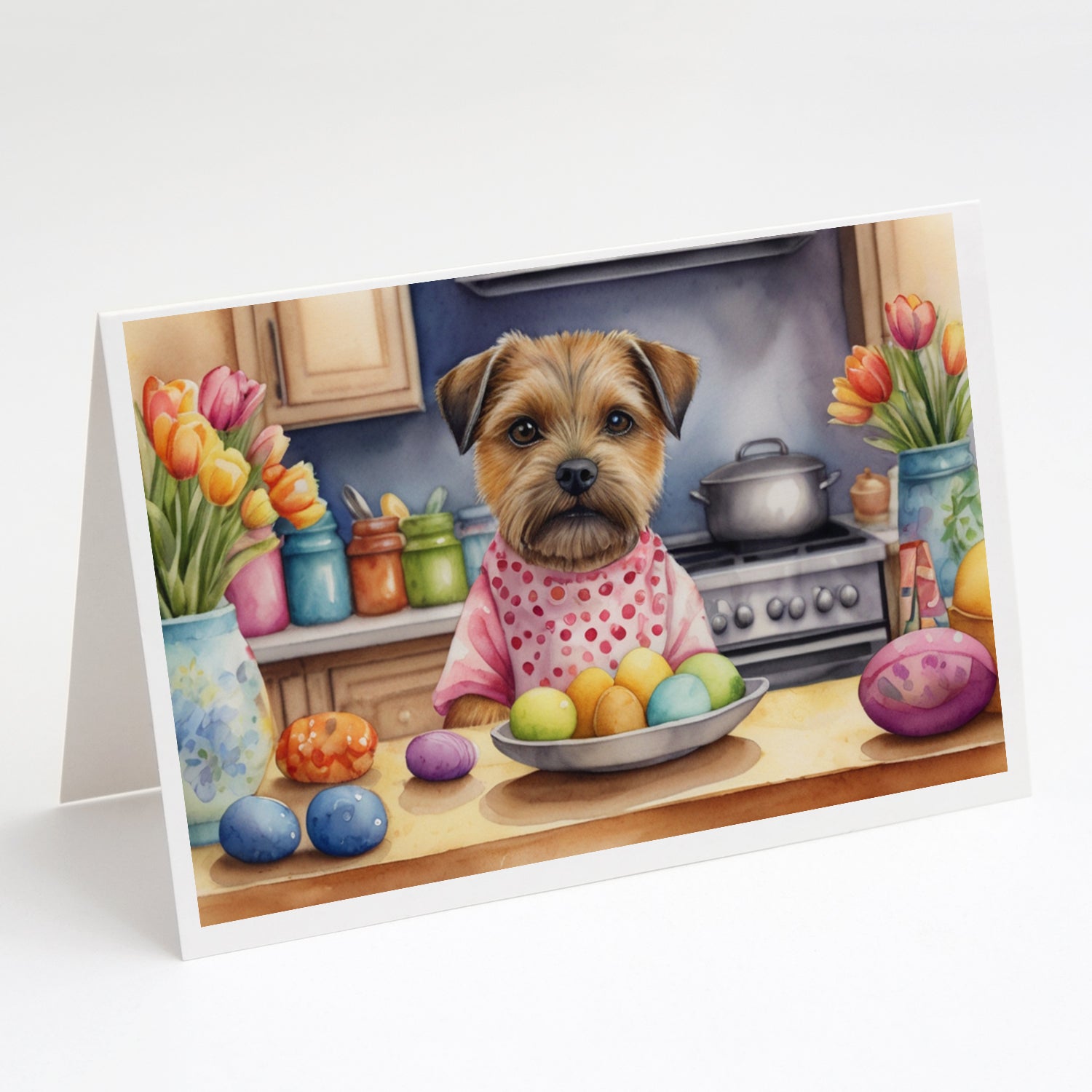 Decorating Easter Border Terrier Greeting Cards Pack of 8 Blank Cards with Envelopes Whimsical A7 Size 5x7