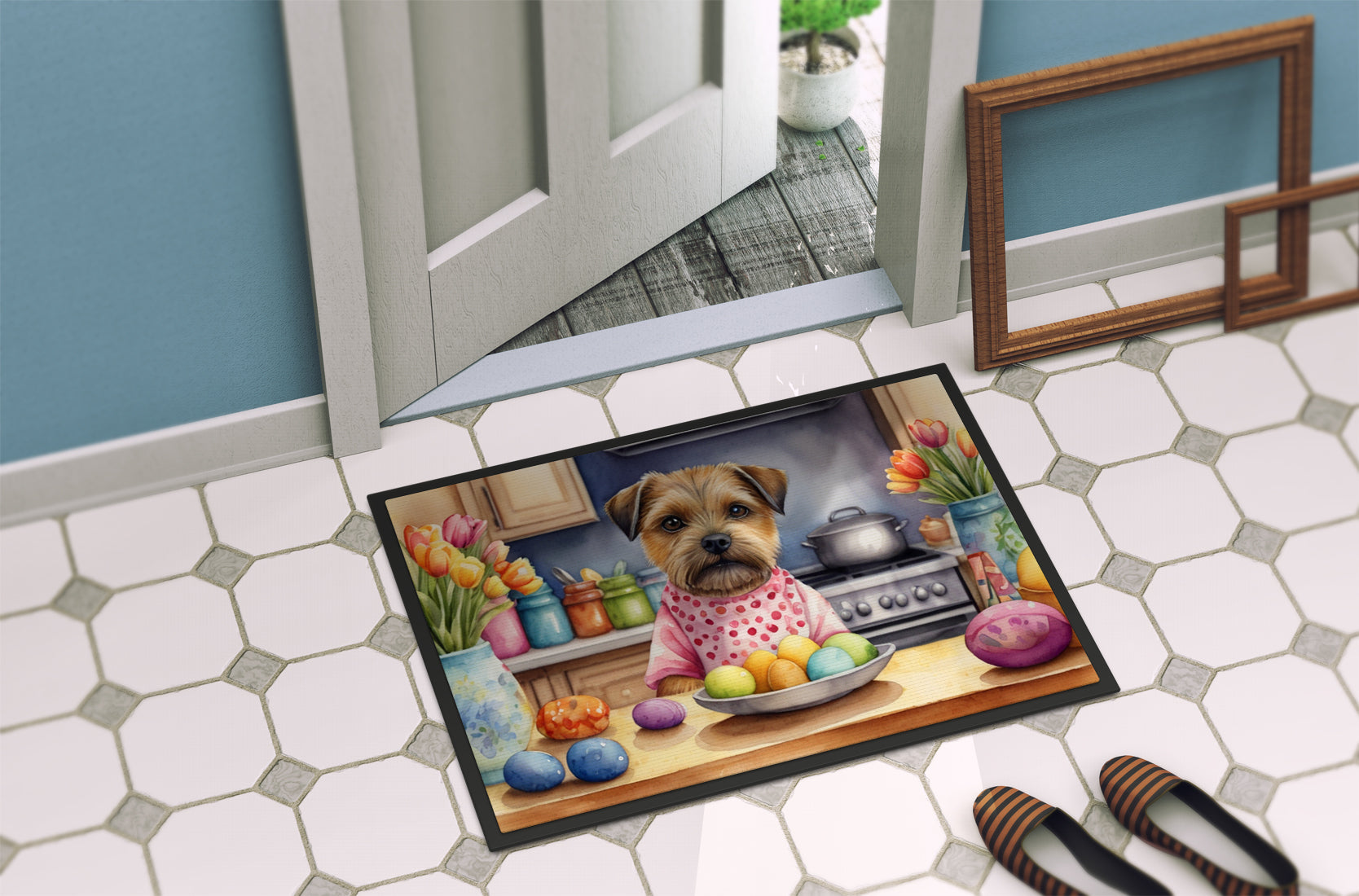 Decorating Easter Border Terrier Doormat Indoor Outdoor 18H X 27W Front Door Mat Rugs for Entryway, Non Slip Washable