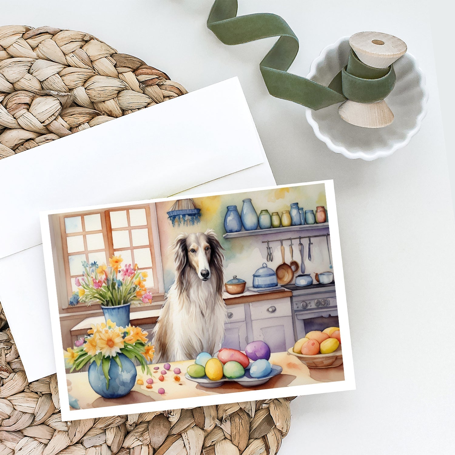 Decorating Easter Borzoi Greeting Cards Pack of 8 Blank Cards with Envelopes Whimsical A7 Size 5x7