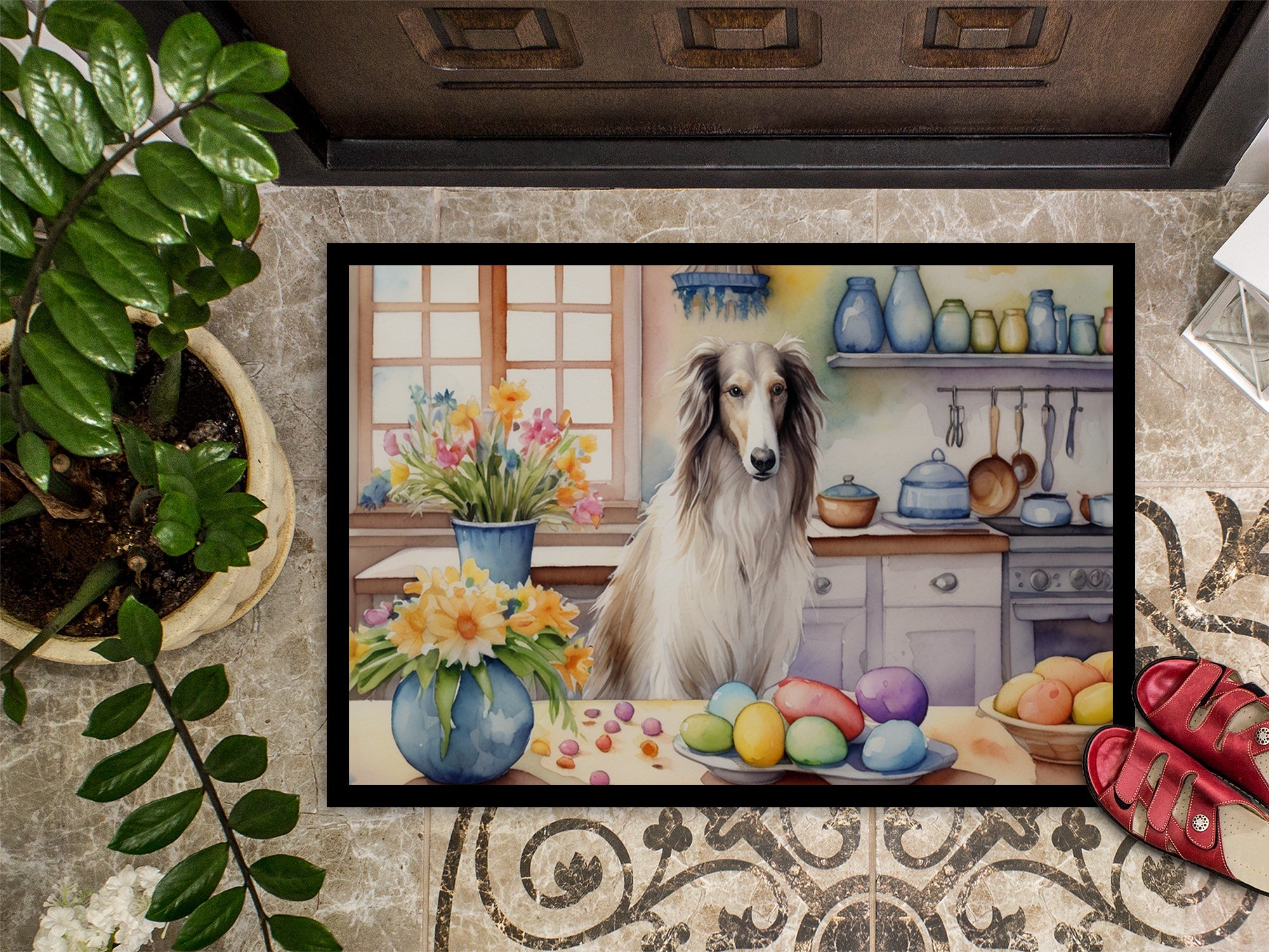 Decorating Easter Borzoi Doormat Indoor Outdoor 24H X 36W Front Door Mat Rugs for Entryway, Non Slip Washable Low Pile,