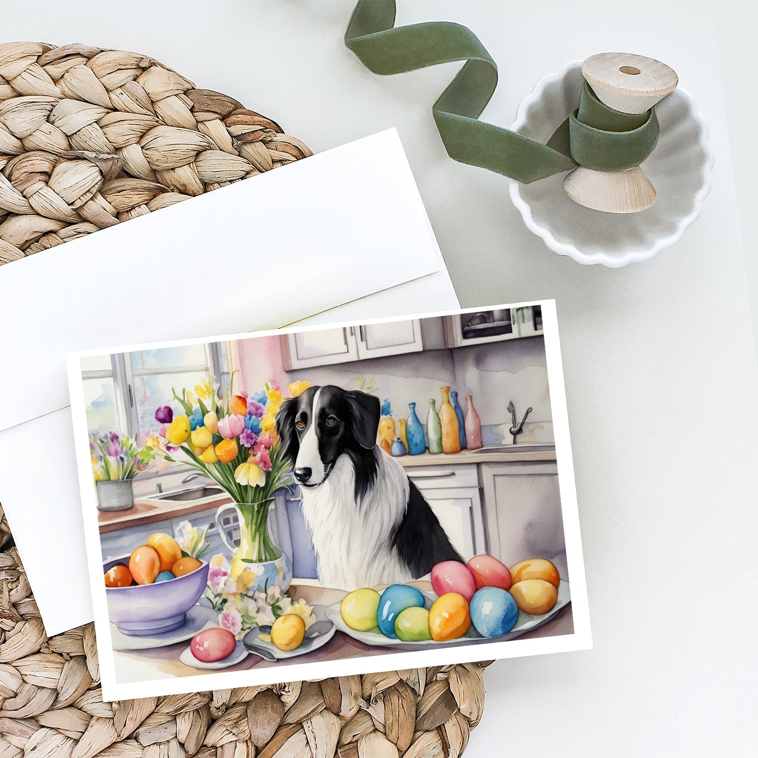 Decorating Easter Borzoi Greeting Cards Pack of 8 Blank Cards with Envelopes Whimsical A7 Size 5x7