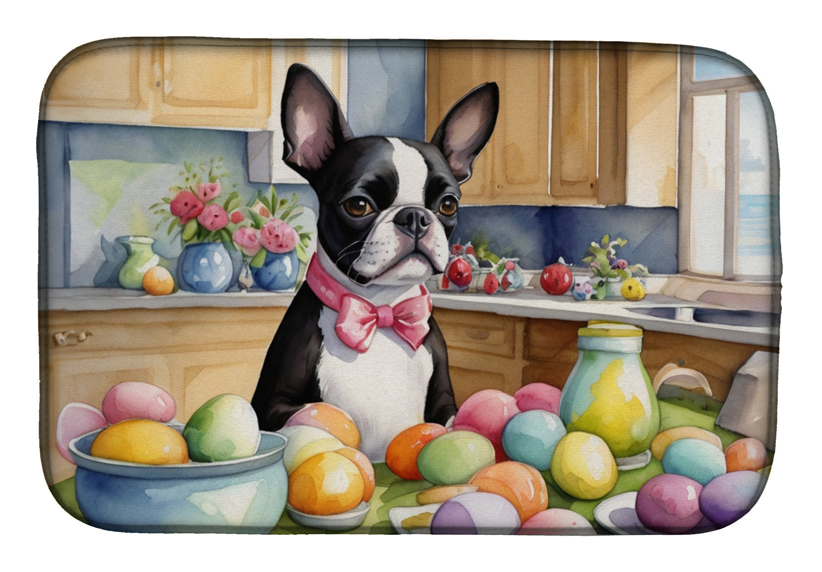 Decorating Easter Boston Terrier Dish Drying Mat Absorbent Dish Drying Mat Pad for Kitchen Counter Dish Drainer Mat for Countertop, 14 x 21", Multicolor