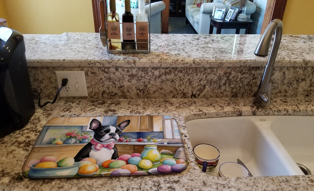 Decorating Easter Boston Terrier Dish Drying Mat Absorbent Dish Drying Mat Pad for Kitchen Counter Dish Drainer Mat for Countertop, 14 x 21", Multicolor
