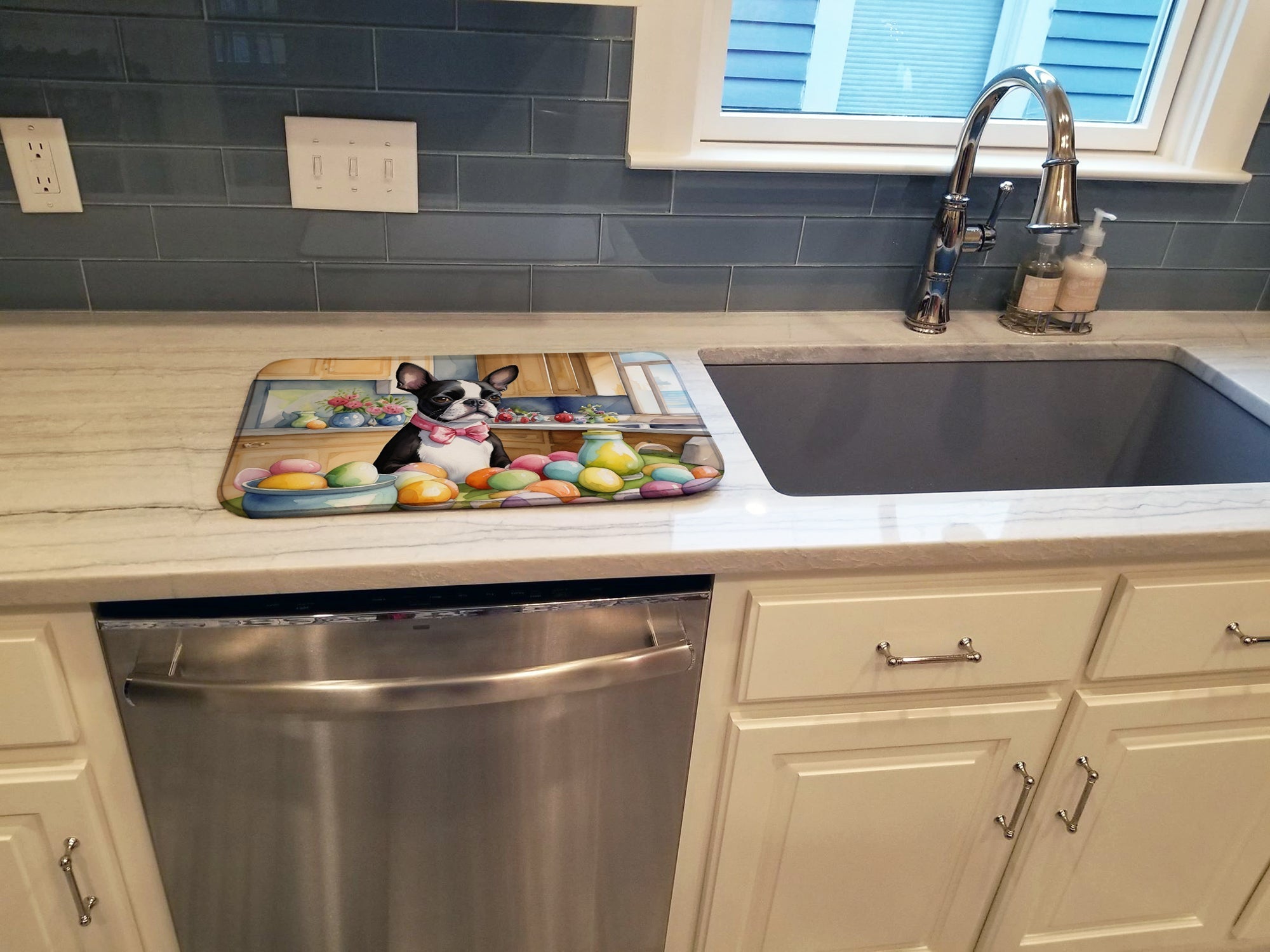 Decorating Easter Boston Terrier Dish Drying Mat Absorbent Dish Drying Mat Pad for Kitchen Counter Dish Drainer Mat for Countertop, 14 x 21", Multicolor