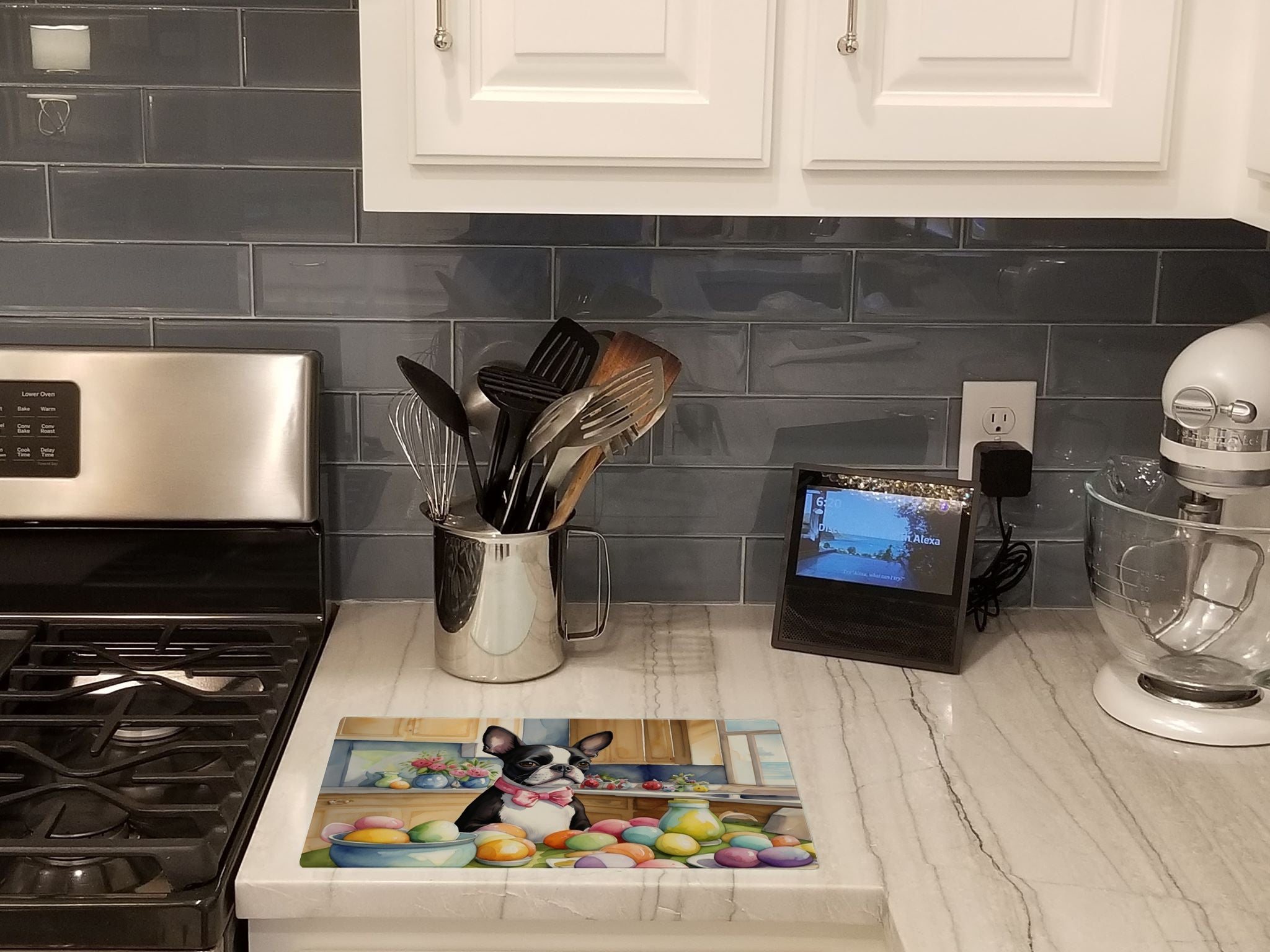 Decorating Easter Boston Terrier Cutting Board Tempered Glass Kitchen Cutting Surface, Heat Resistant Chopping, Non-Slip Feet, Food Prep & Serving