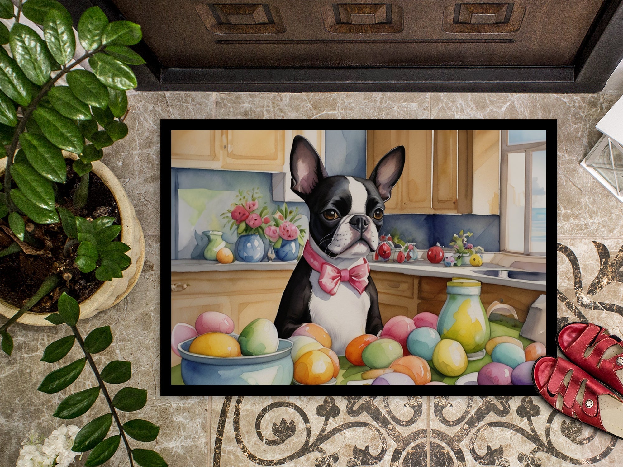 Decorating Easter Boston Terrier Doormat Indoor Outdoor 18H X 27W Front Door Mat Rugs for Entryway, Non Slip Washable