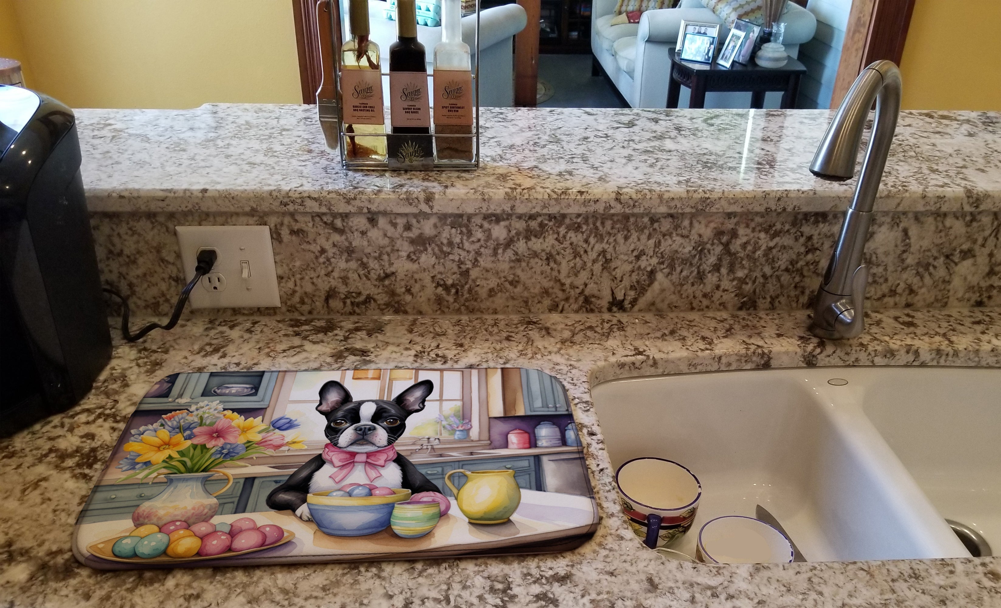 Decorating Easter Boston Terrier Dish Drying Mat Absorbent Dish Drying Mat Pad for Kitchen Counter Dish Drainer Mat for Countertop, 14 x 21", Multicolor
