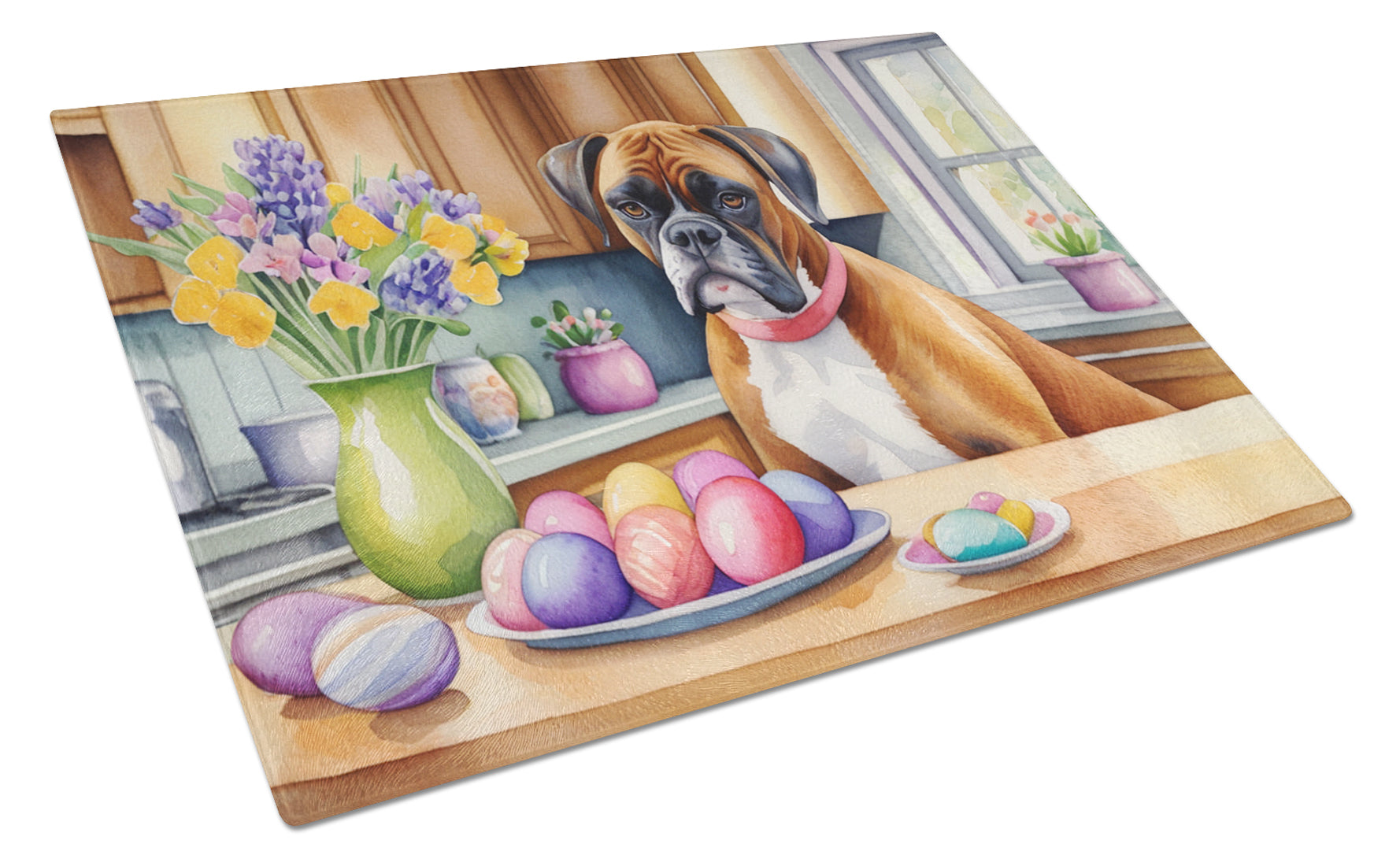 Decorating Easter Boxer Cutting Board Tempered Glass Kitchen Cutting Surface, Heat Resistant Chopping, Non-Slip Feet, Food Prep & Serving