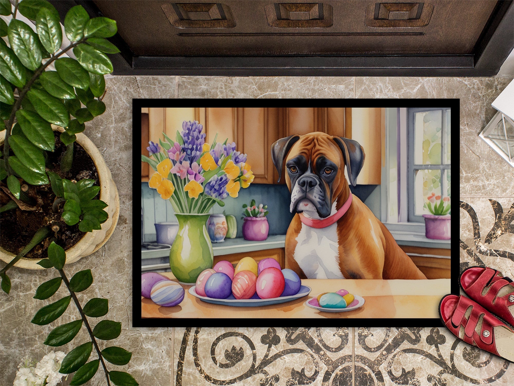 Decorating Easter Boxer Doormat Indoor Outdoor 18H X 27W Front Door Mat Rugs for Entryway, Non Slip Washable