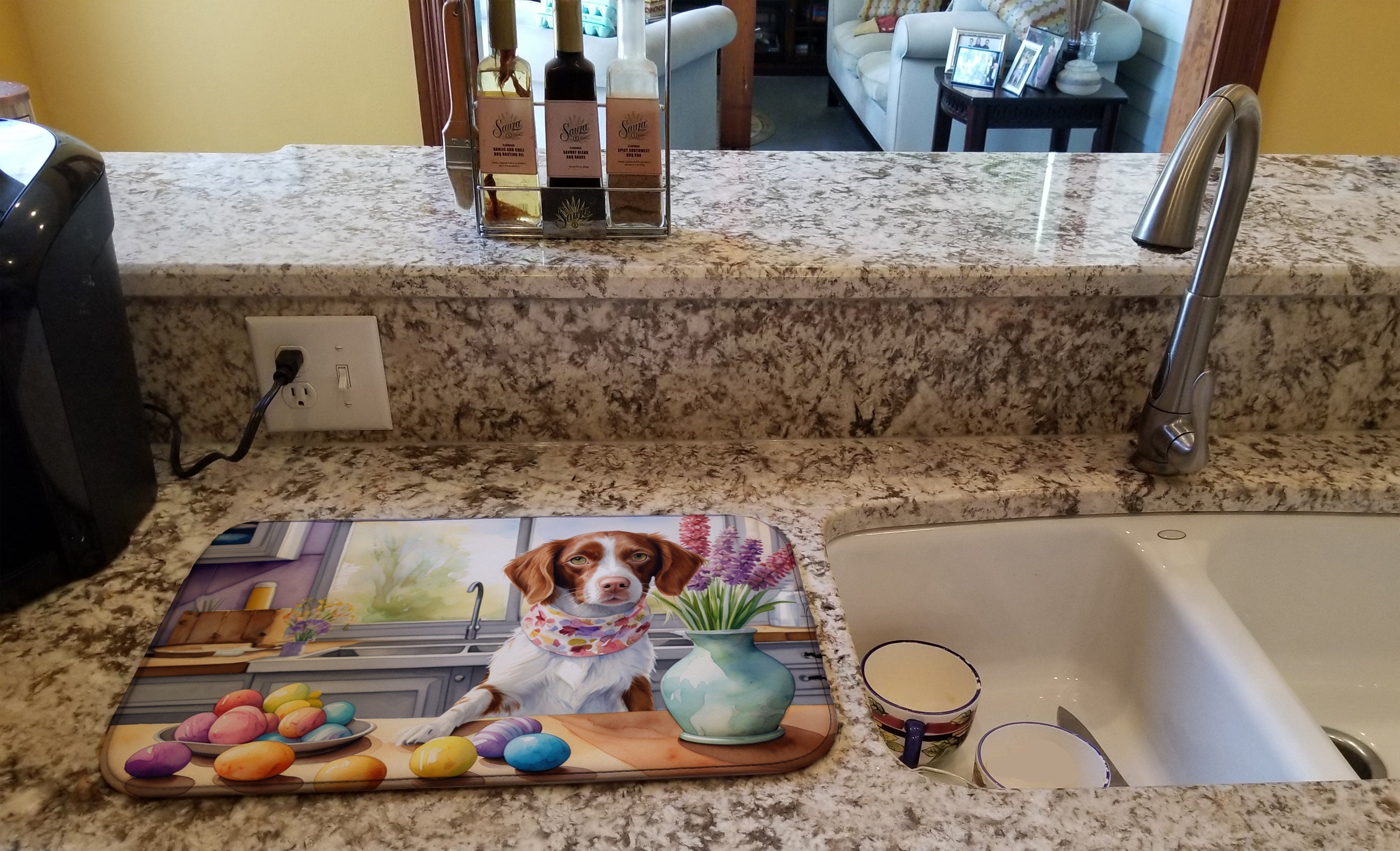 Decorating Easter Brittany Spaniel Dish Drying Mat Absorbent Dish Drying Mat Pad for Kitchen Counter Dish Drainer Mat for Countertop, 14 x 21", Multicolor