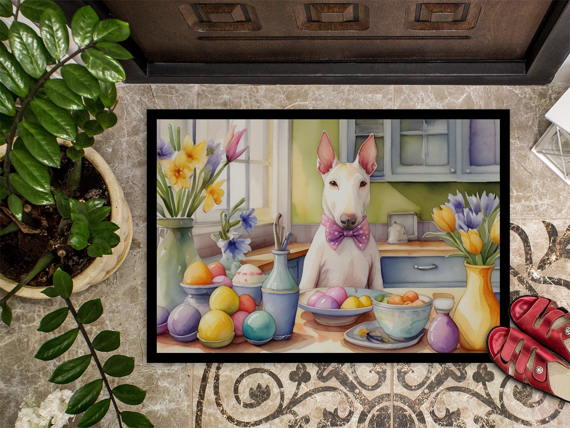 Decorating Easter Bull Terrier Doormat Indoor Outdoor 24H X 36W Front Door Mat Rugs for Entryway, Non Slip Washable Low Pile,