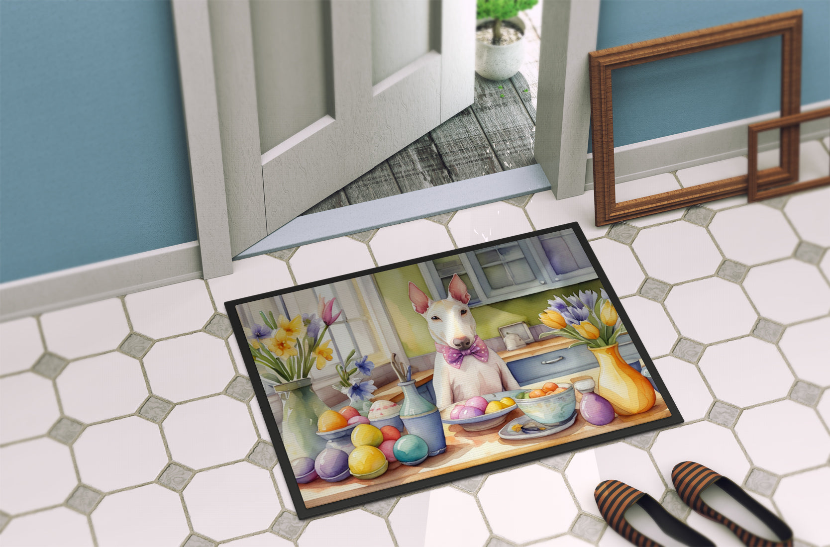 Decorating Easter Bull Terrier Doormat Indoor Outdoor 18H X 27W Front Door Mat Rugs for Entryway, Non Slip Washable