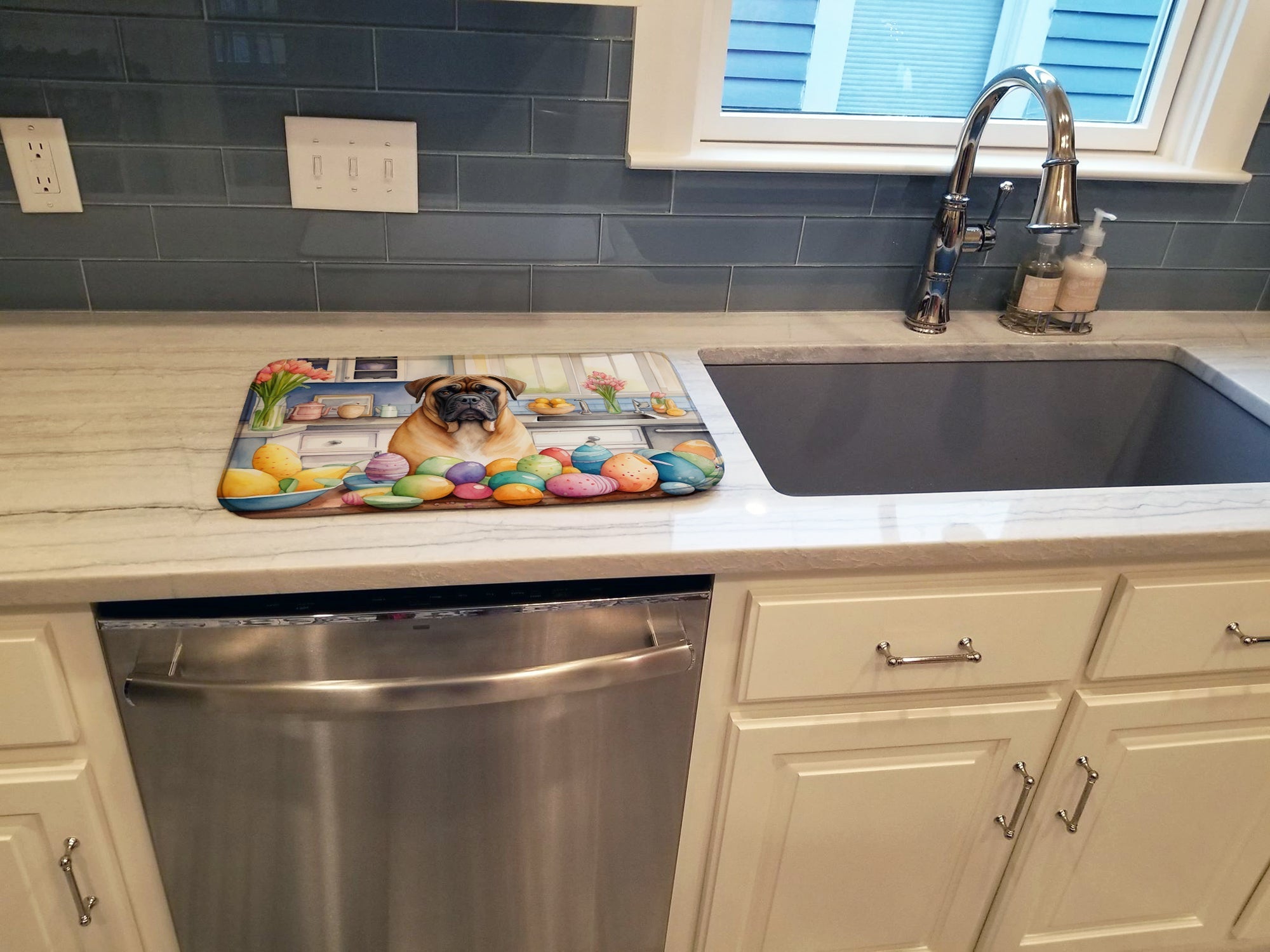 Decorating Easter Bullmastiff Dish Drying Mat Absorbent Dish Drying Mat Pad for Kitchen Counter Dish Drainer Mat for Countertop, 14 x 21", Multicolor