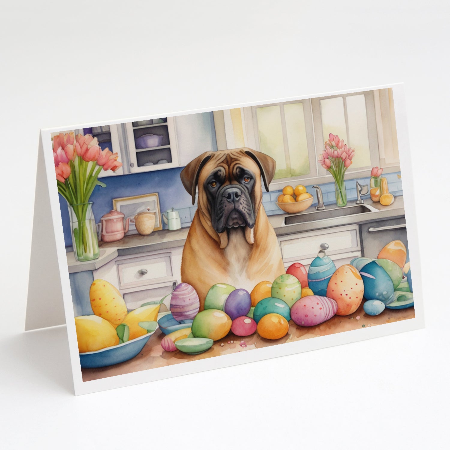 Decorating Easter Bullmastiff Greeting Cards Pack of 8 Blank Cards with Envelopes Whimsical A7 Size 5x7