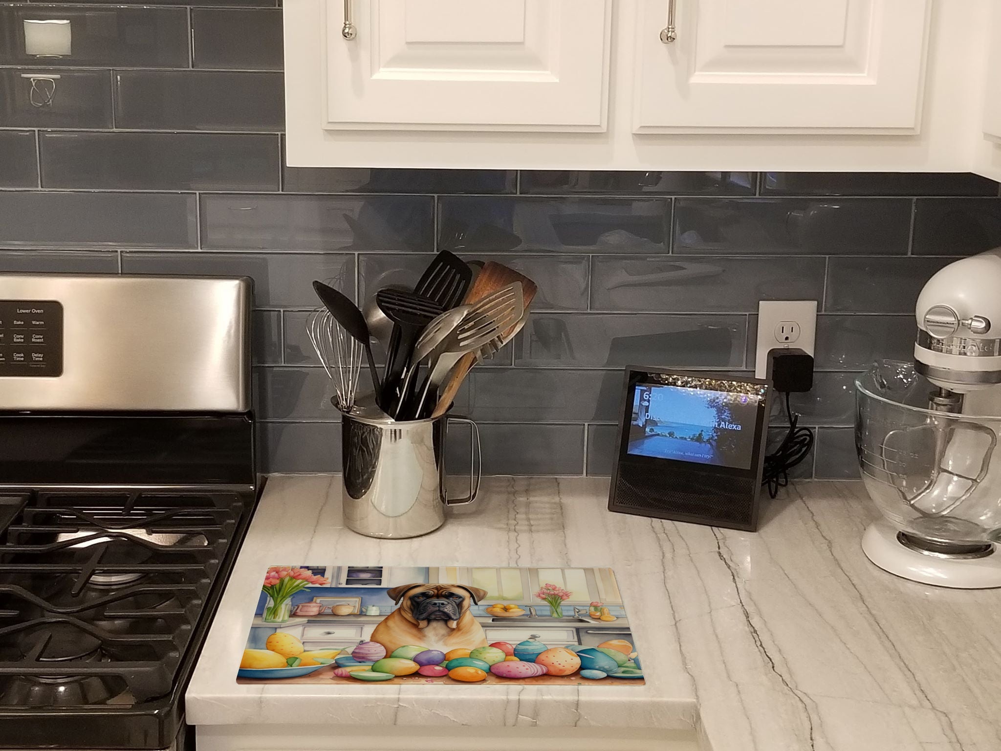 Decorating Easter Bullmastiff Cutting Board Tempered Glass Kitchen Cutting Surface, Heat Resistant Chopping, Non-Slip Feet, Food Prep & Serving