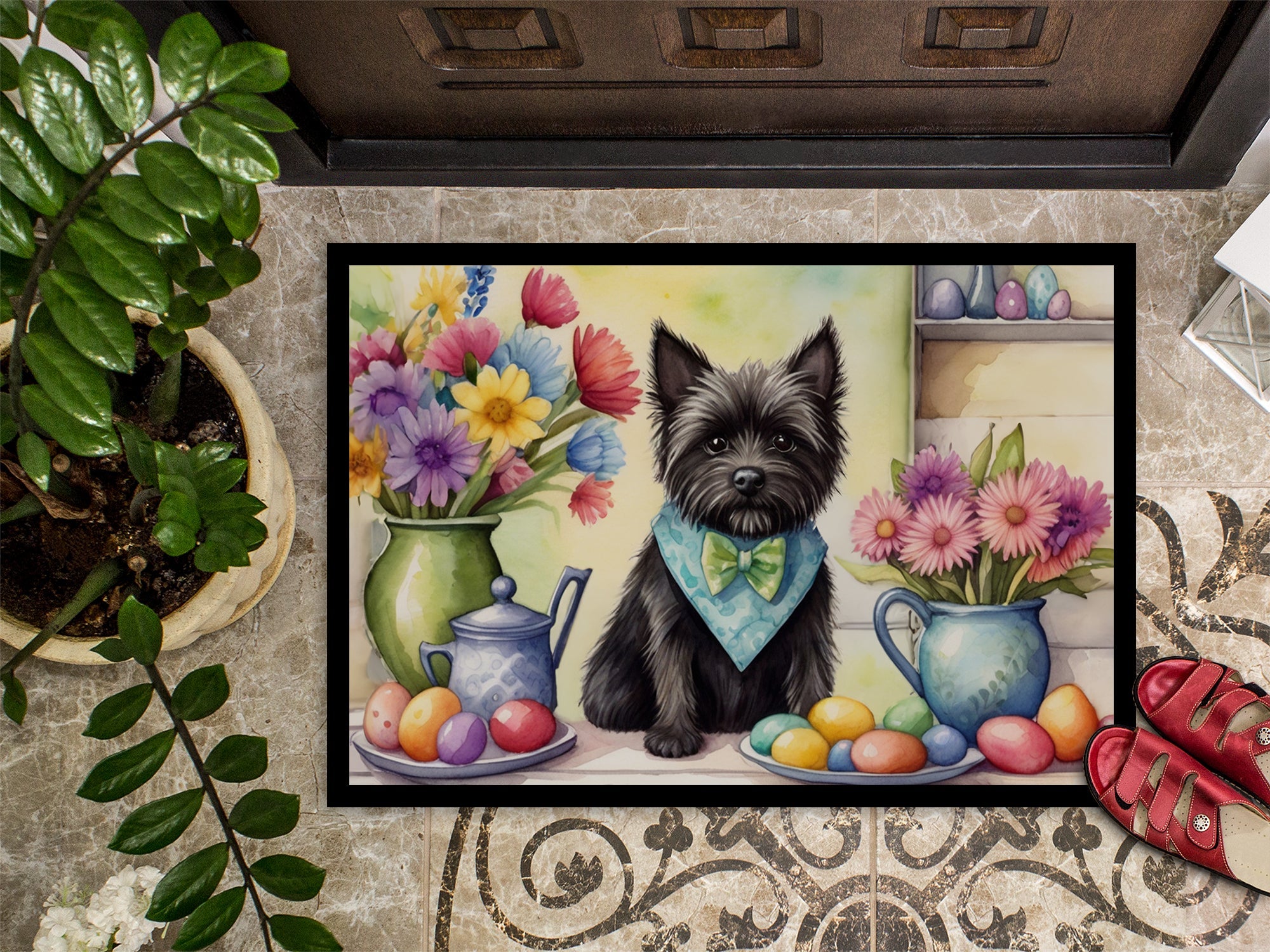 Decorating Easter Cairn Terrier Doormat Indoor Outdoor 24H X 36W Front Door Mat Rugs for Entryway, Non Slip Washable Low Pile,