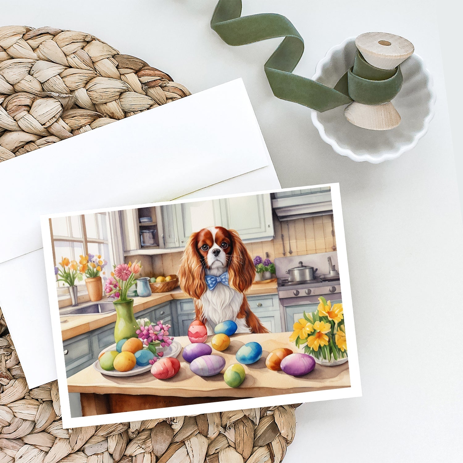 Decorating Easter Cavalier Spaniel Greeting Cards Pack of 8 Blank Cards with Envelopes Whimsical A7 Size 5x7