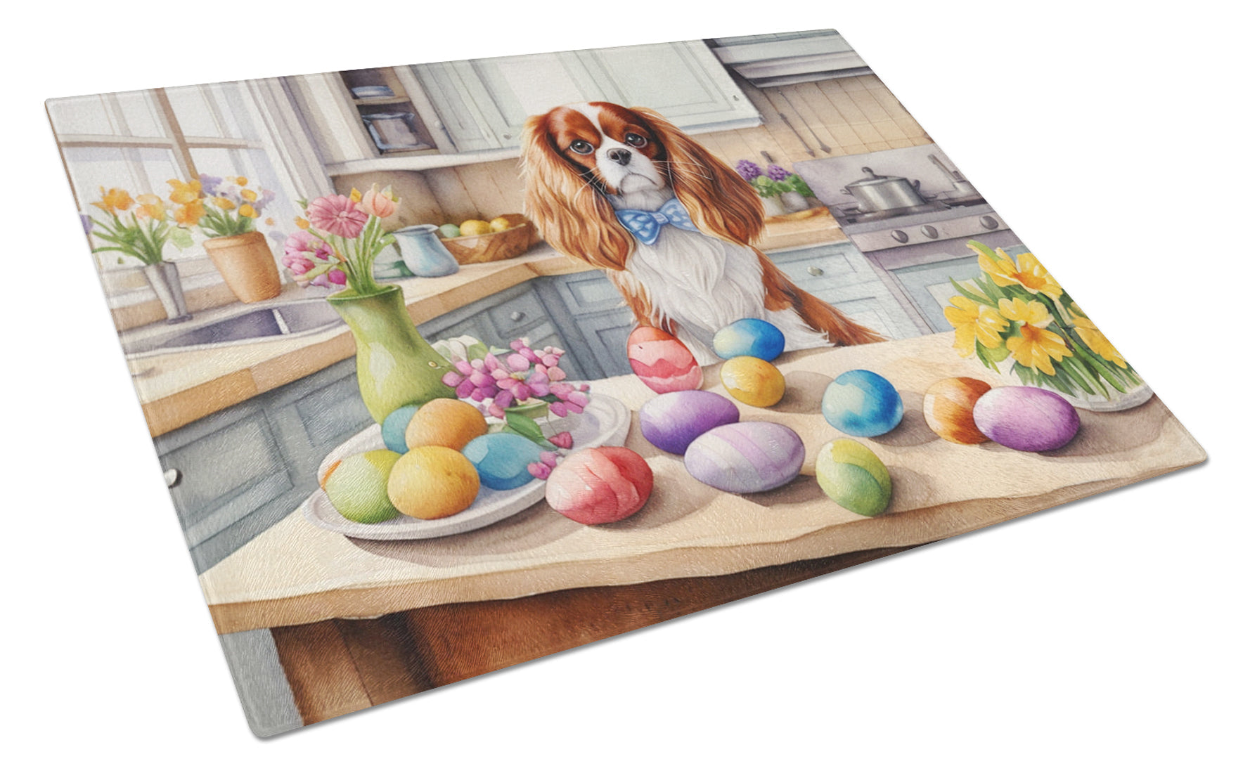 Decorating Easter Cavalier Spaniel Cutting Board Tempered Glass Kitchen Cutting Surface, Heat Resistant Chopping, Non-Slip Feet, Food Prep & Serving