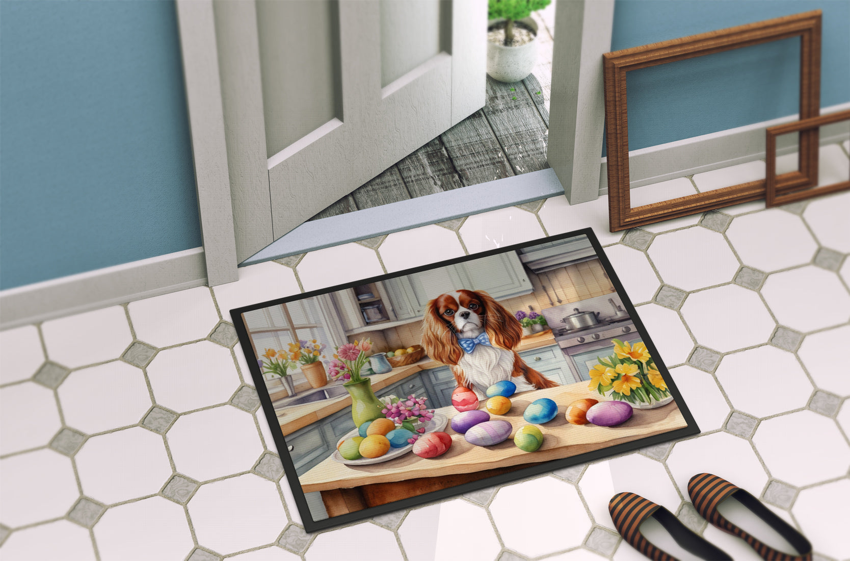 Decorating Easter Cavalier Spaniel Doormat Indoor Outdoor 18H X 27W Front Door Mat Rugs for Entryway, Non Slip Washable