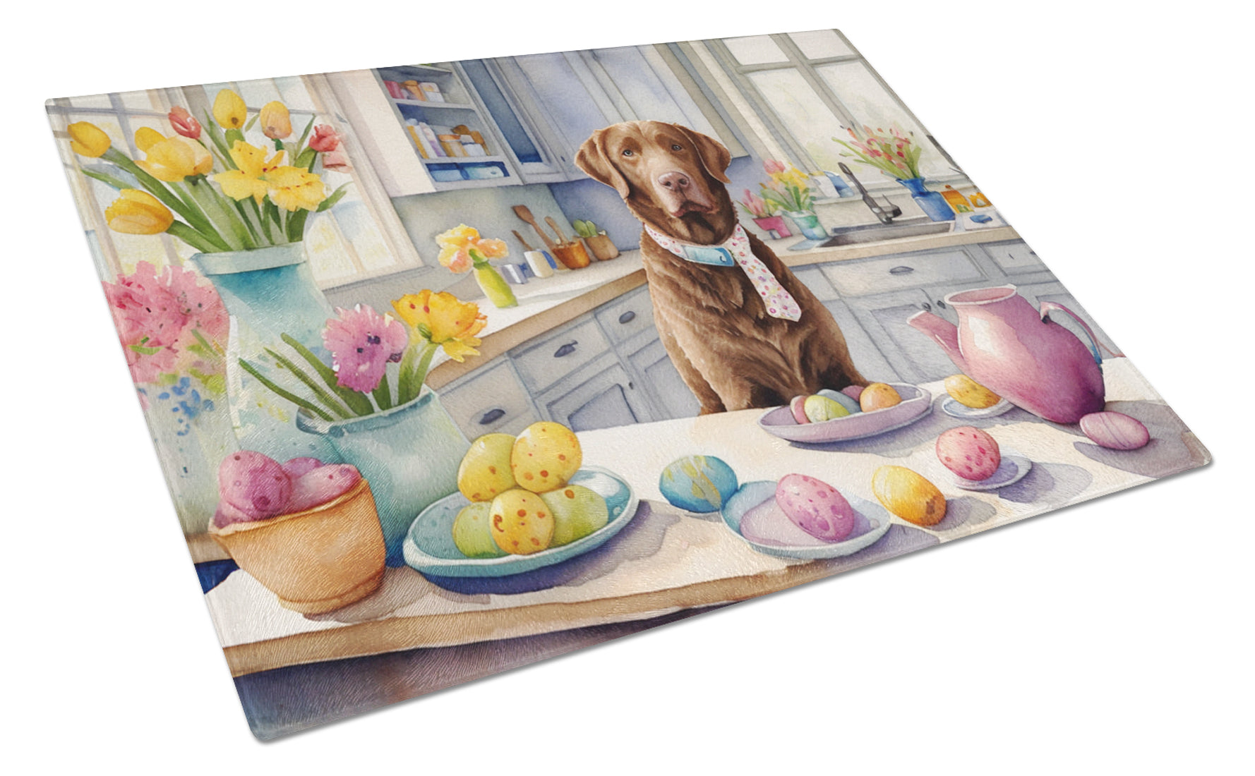 Decorating Easter Chesapeake Bay Retriever Cutting Board Tempered Glass Kitchen Cutting Surface, Heat Resistant Chopping, Non-Slip Feet, Food Prep & Serving