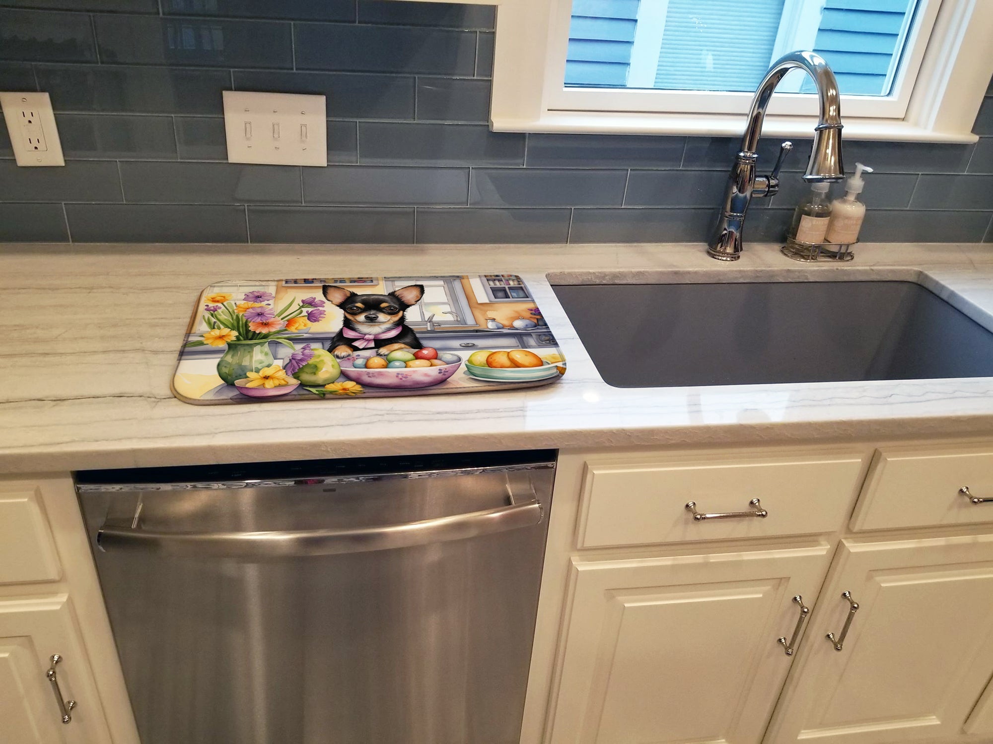 Decorating Easter Chihuahua Dish Drying Mat Absorbent Dish Drying Mat Pad for Kitchen Counter Dish Drainer Mat for Countertop, 14 x 21", Multicolor