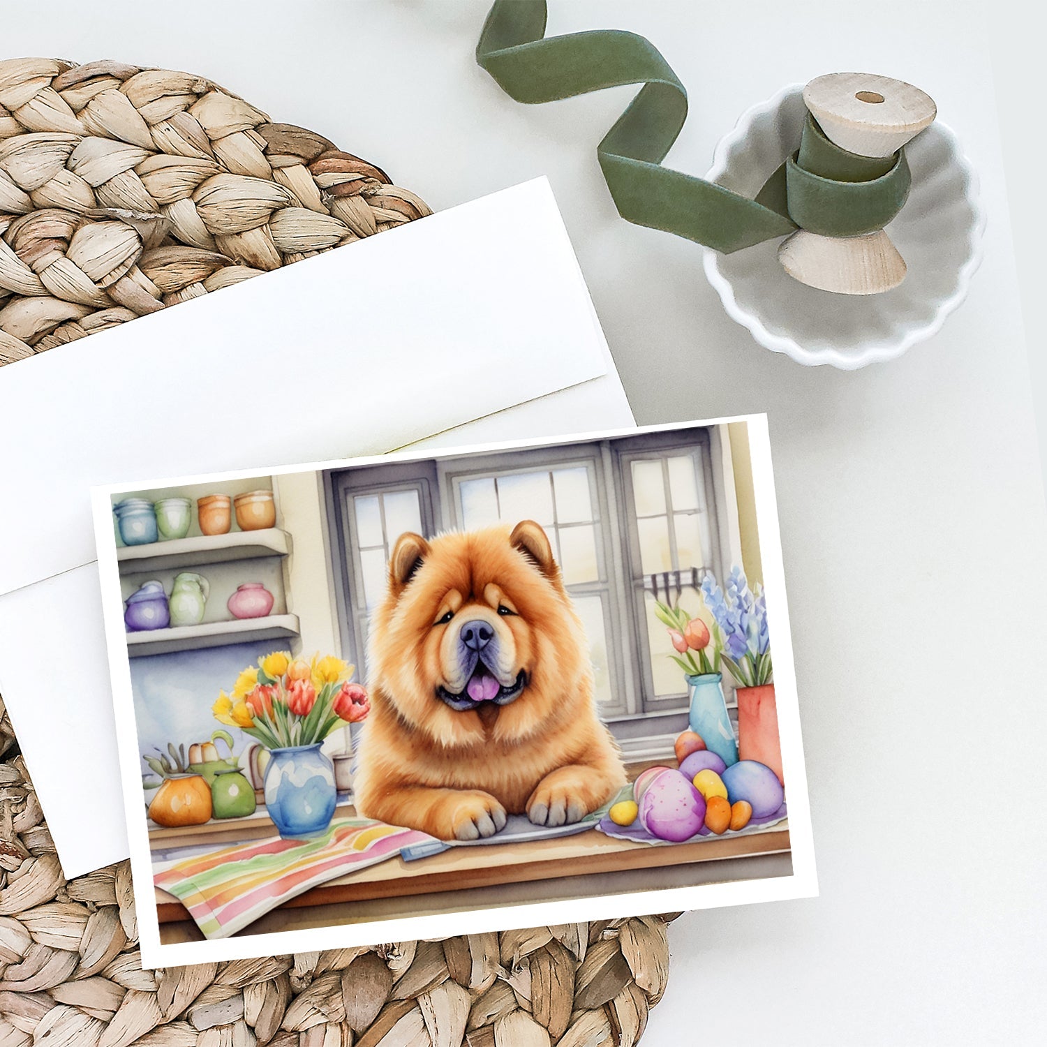 Decorating Easter Chow Chow Greeting Cards Pack of 8 Blank Cards with Envelopes Whimsical A7 Size 5x7