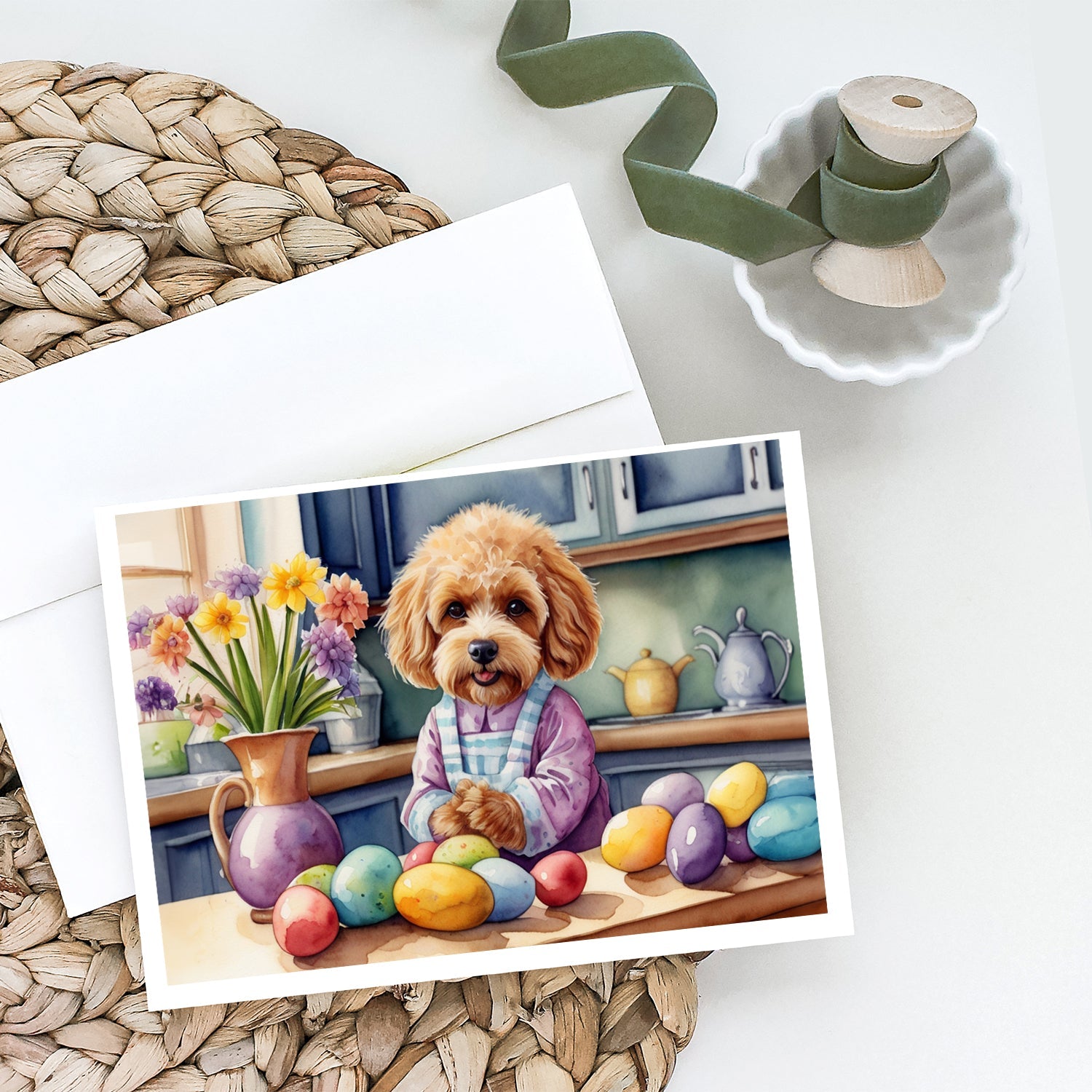 Decorating Easter Cockapoo Greeting Cards Pack of 8 Blank Cards with Envelopes Whimsical A7 Size 5x7