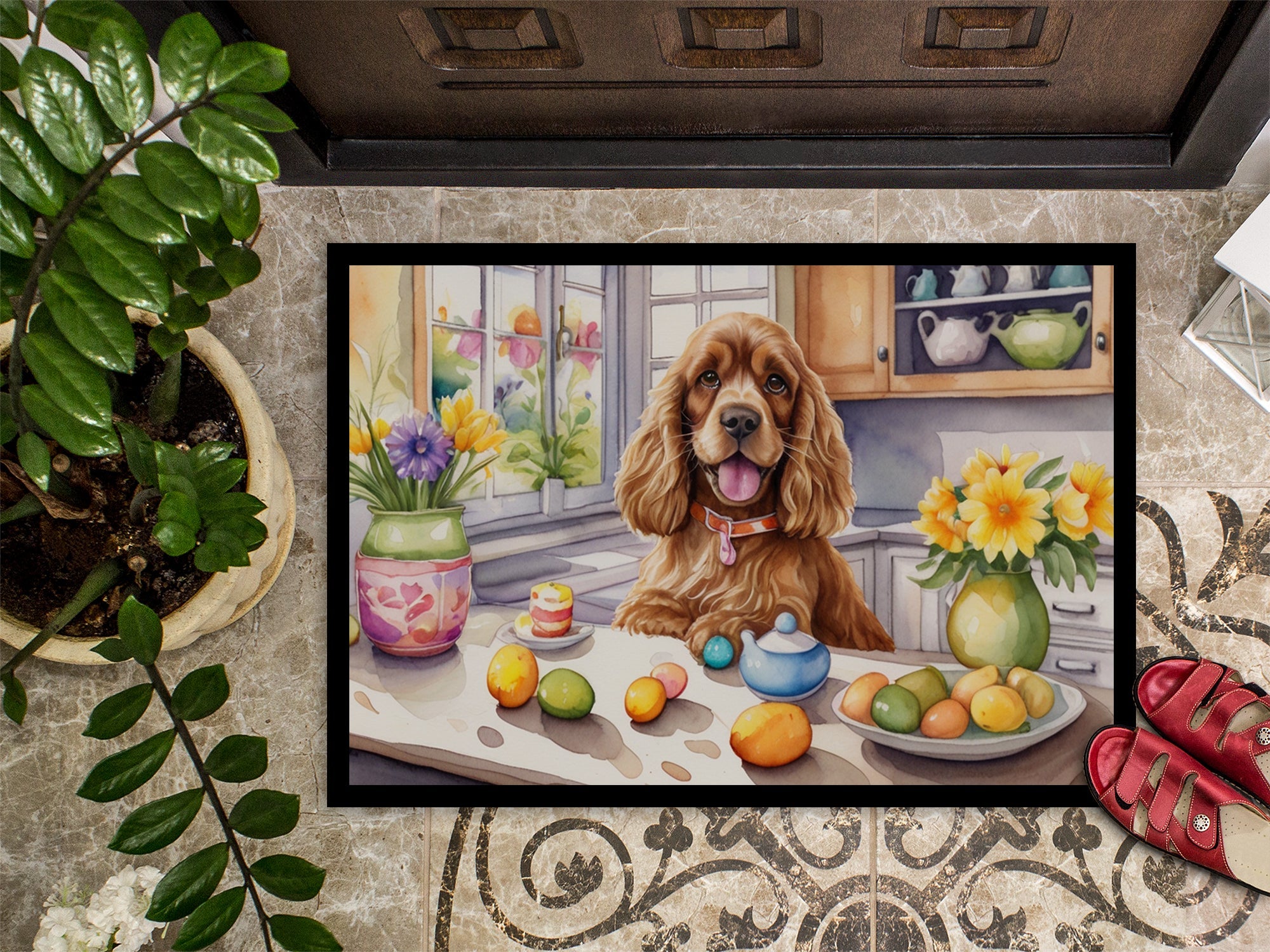 Decorating Easter Cocker Spaniel Doormat Indoor Outdoor 24H X 36W Front Door Mat Rugs for Entryway, Non Slip Washable Low Pile,