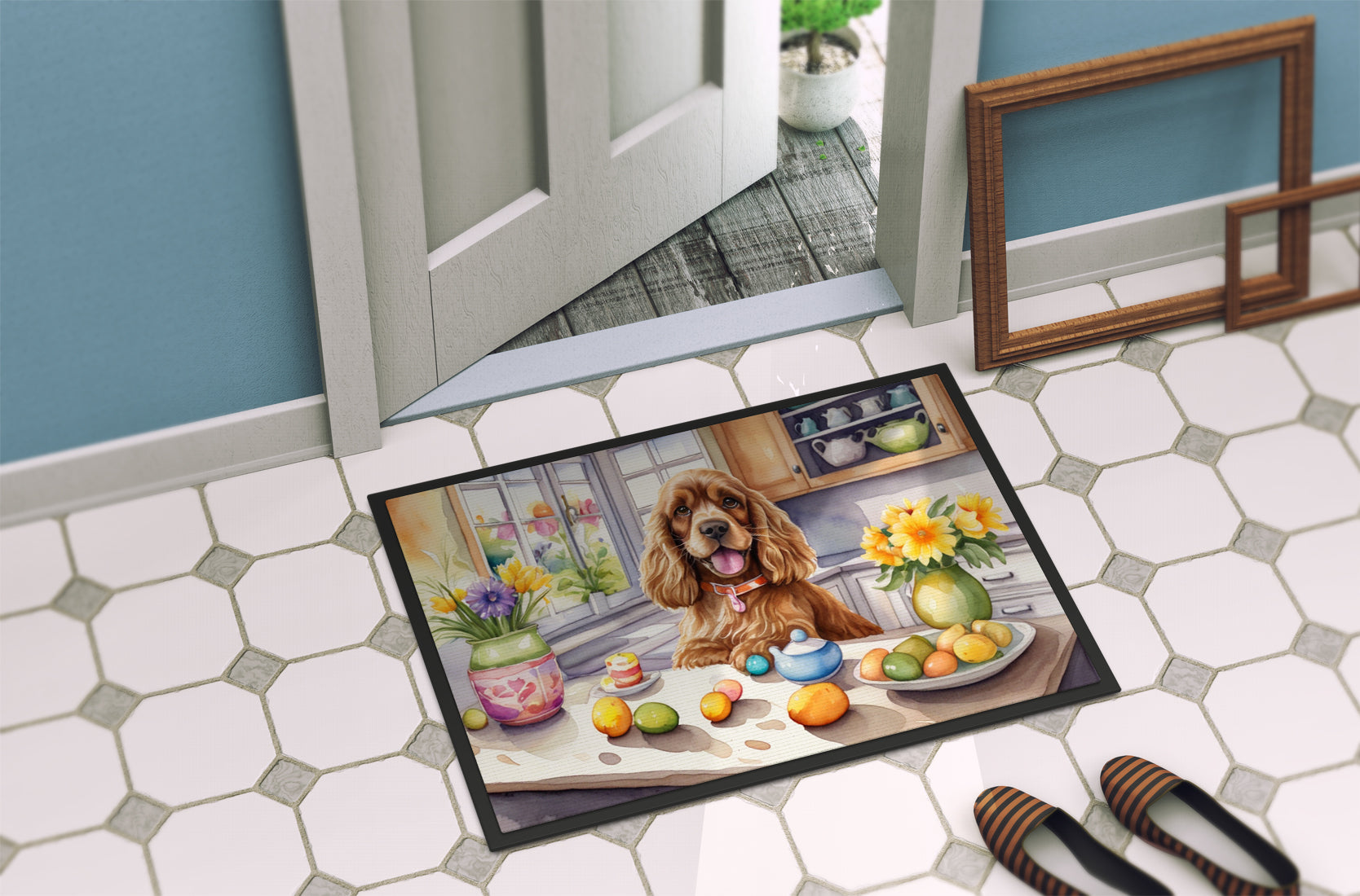 Decorating Easter Cocker Spaniel Doormat Indoor Outdoor 18H X 27W Front Door Mat Rugs for Entryway, Non Slip Washable