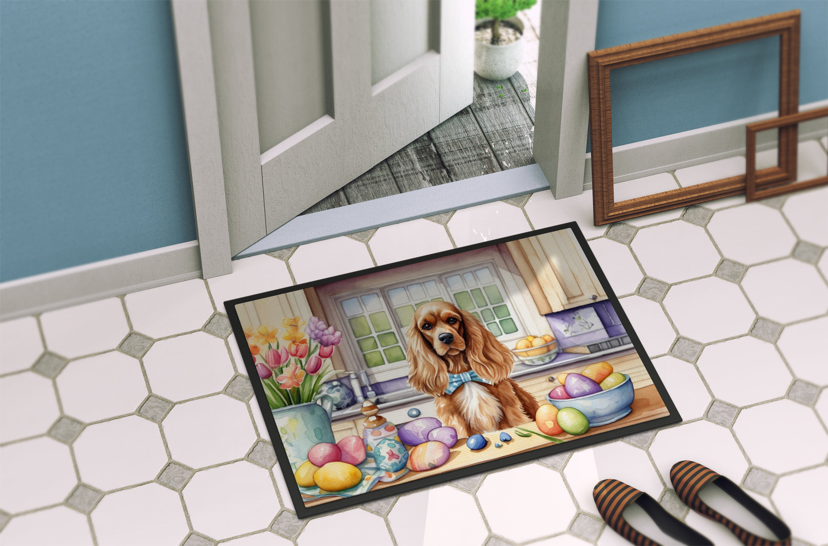 Decorating Easter Cocker Spaniel Doormat Indoor Outdoor 18H X 27W Front Door Mat Rugs for Entryway, Non Slip Washable