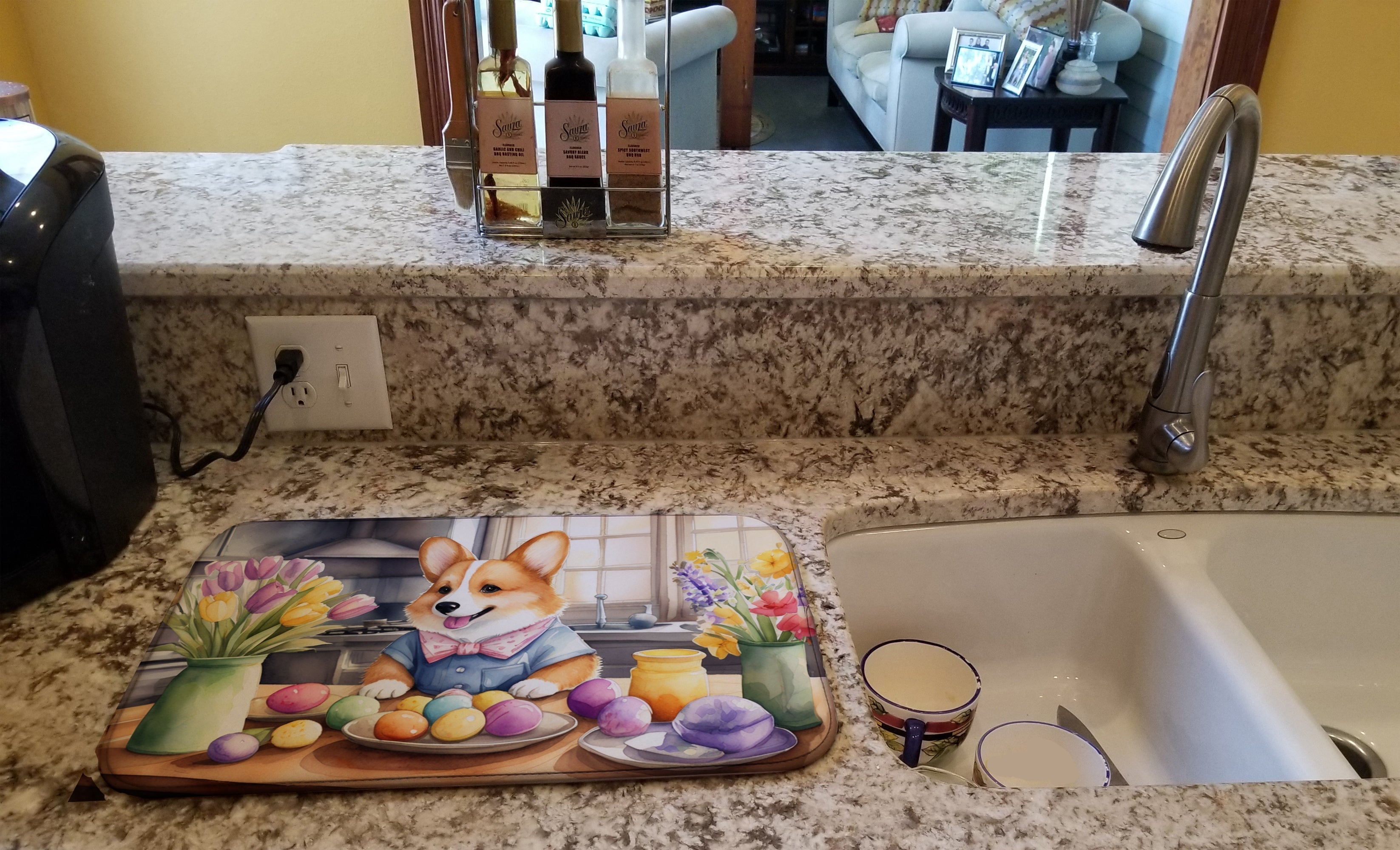 Decorating Easter Corgi Dish Drying Mat Absorbent Dish Drying Mat Pad for Kitchen Counter Dish Drainer Mat for Countertop, 14 x 21", Multicolor
