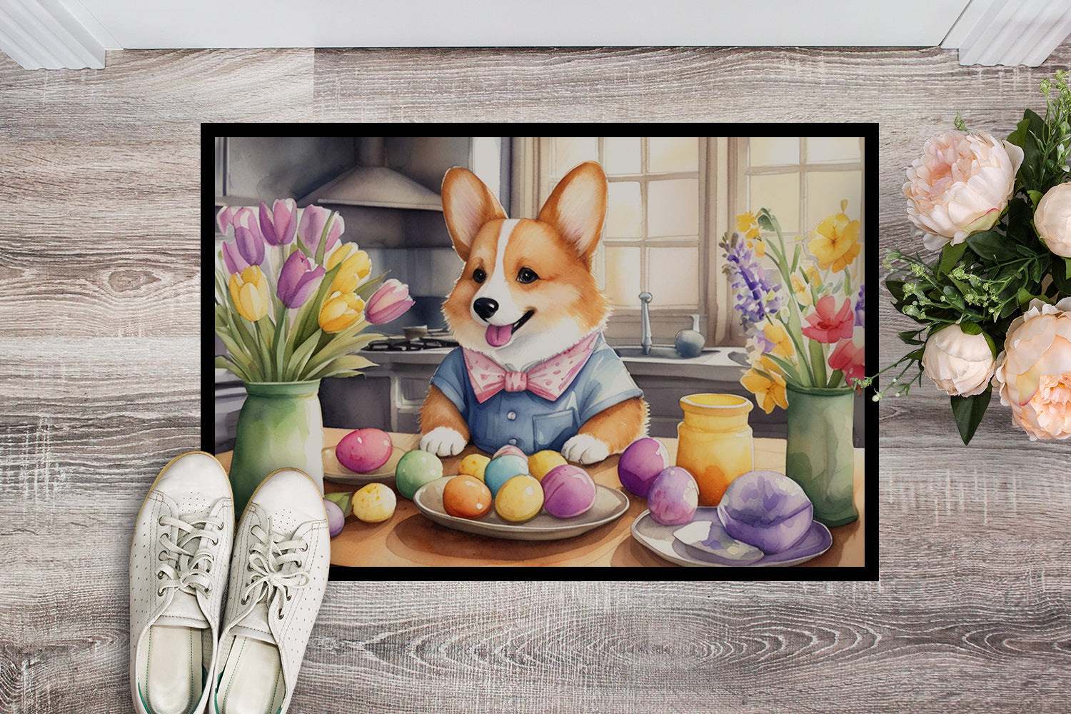 Decorating Easter Corgi Doormat Indoor Outdoor 24H X 36W Front Door Mat Rugs for Entryway, Non Slip Washable Low Pile,