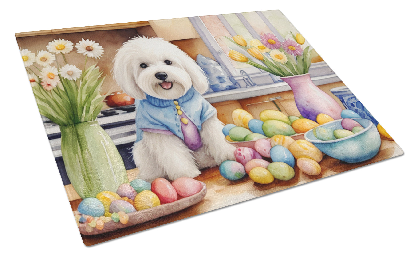 Decorating Easter Coton de Tulear Cutting Board Tempered Glass Kitchen Cutting Surface, Heat Resistant Chopping, Non-Slip Feet, Food Prep & Serving